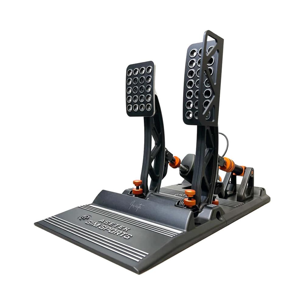 Asetek SimSports universal throttle pedal footrest mounted view, accessory for sim racing setups with textured surface and adjustable design.