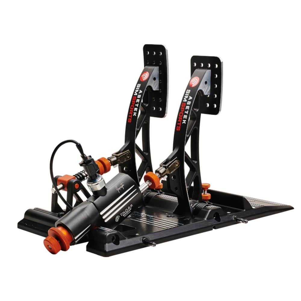 Asetek SimSports Invicta racing pedals set with black throttle and brake pedals for sim racing setups.