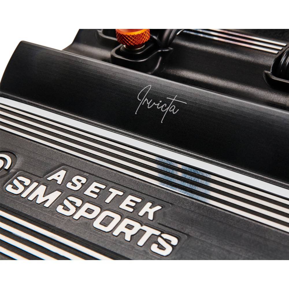Asetek SimSports Invicta racing pedals set with detailed brake and throttle pedals for sim racing setups.