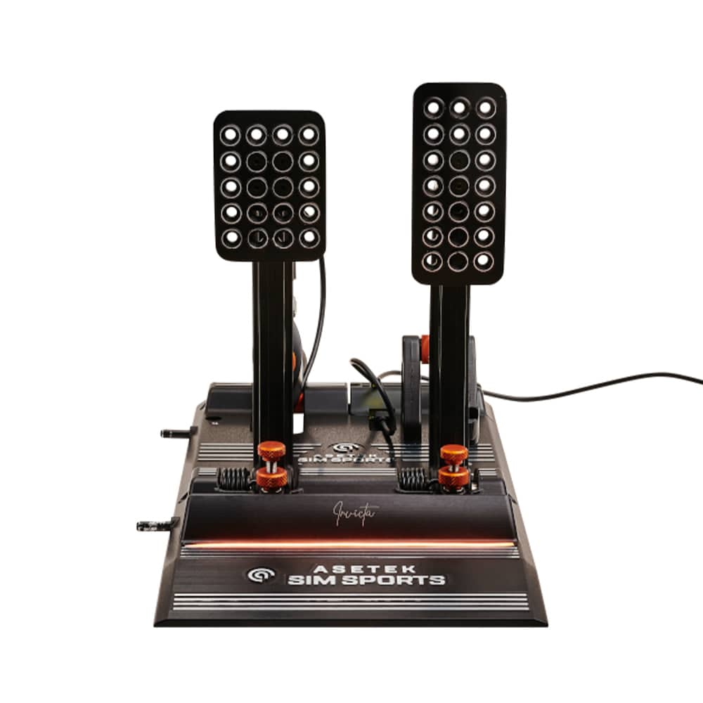 Asetek SimSports Invicta racing pedals set featuring detailed throttle and brake pedals for sim racing.