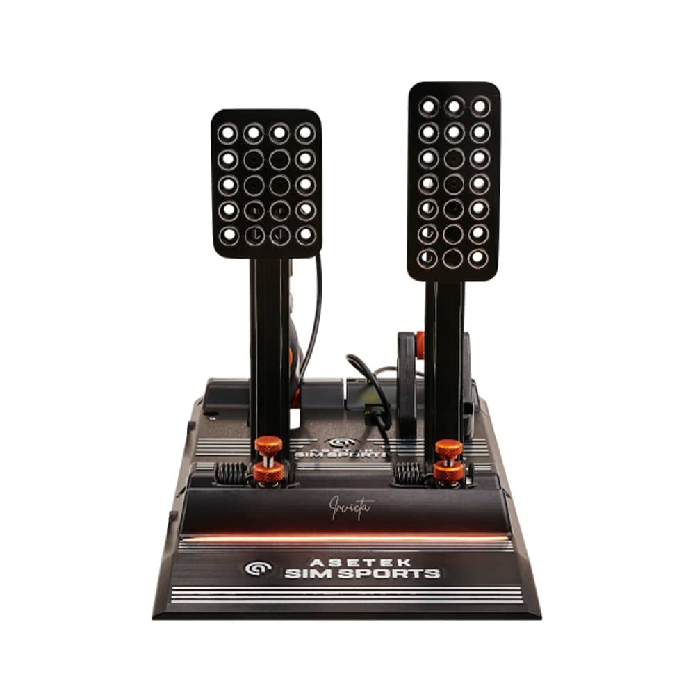 Asetek SimSports Invicta racing pedals set with detailed throttle and brake pedals for sim racing setups.