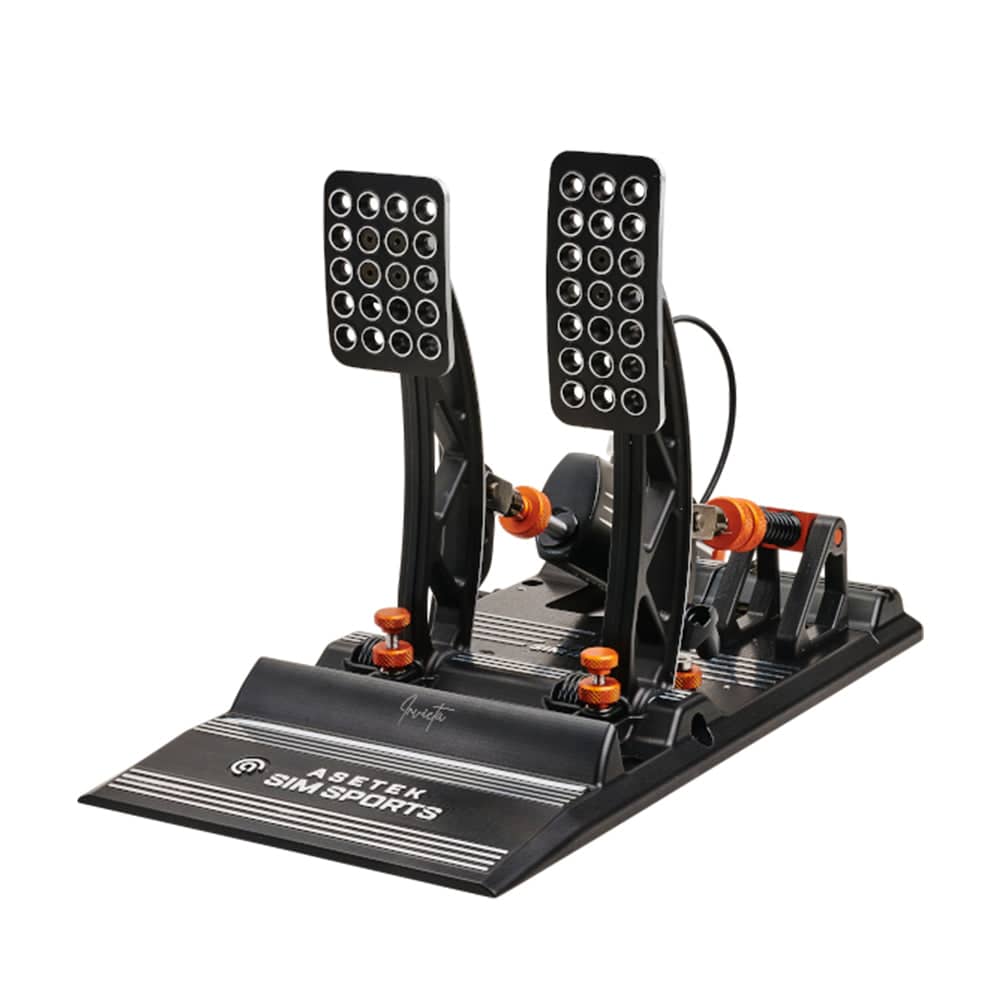 Asetek SimSports Invicta racing pedals set with brake and throttle pedals, black metal construction, and detailed footplates.