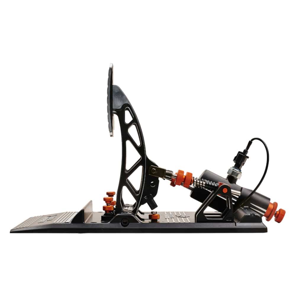 Asetek SimSports Invicta racing pedals set with throttle and brake pedals, shown from a side profile view.