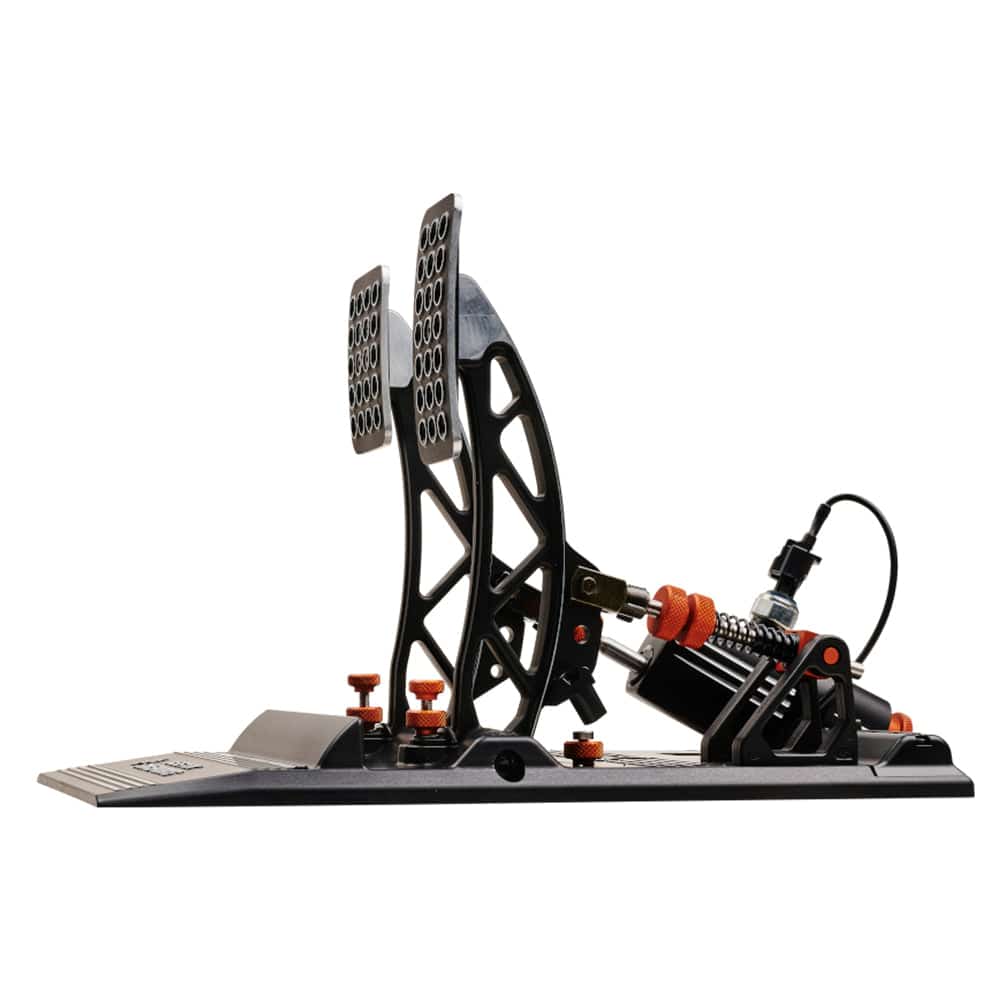 Asetek SimSports Invicta racing pedals set with brake and throttle pedals, shown from a side profile view on a racing simulator.