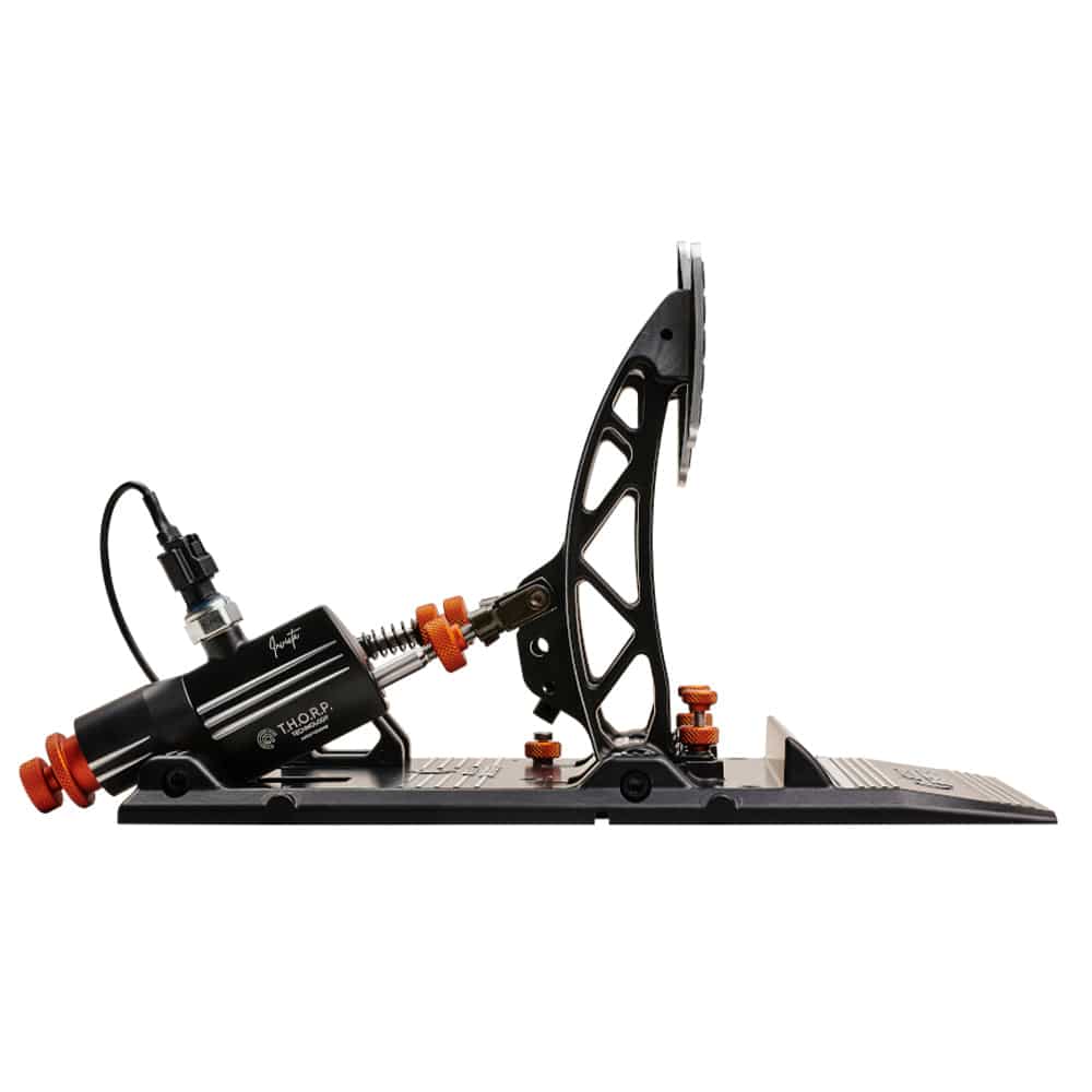 Asetek SimSports Invicta racing pedals set with adjustable throttle and brake pedals for sim racing, shown from the right profile.