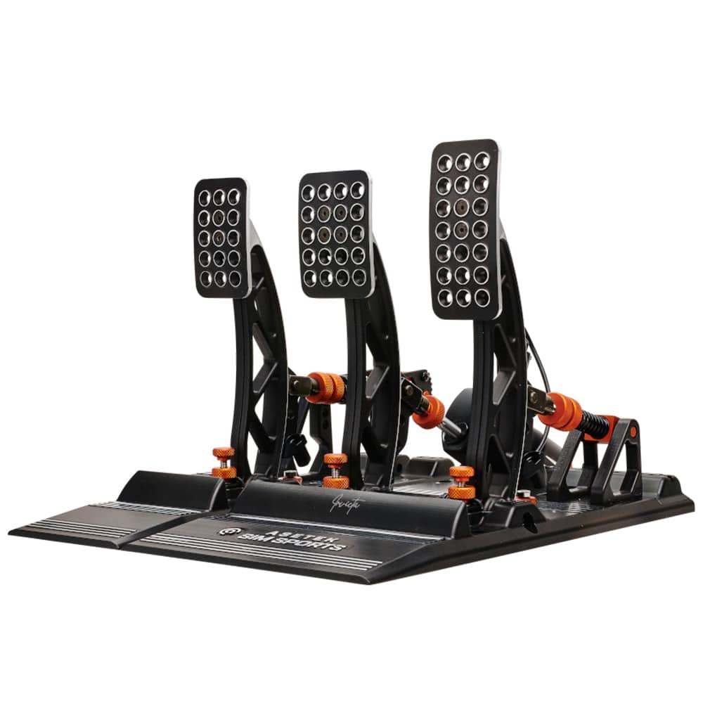Asetek SimSports Invicta racing pedals set with throttle, brake, and clutch pedals for sim racing setups.
