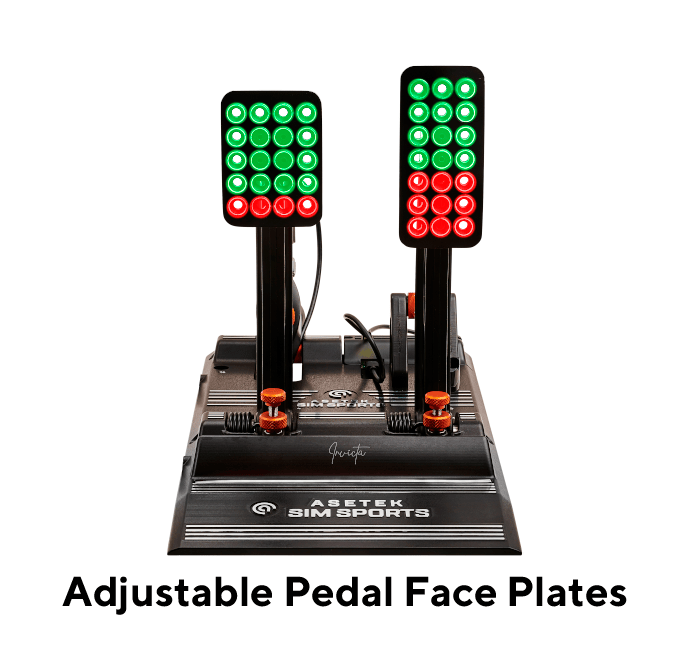 Asetek SimSports Invicta throttle and brake pedals set with detailed metal and rubber surfaces for racing simulation.