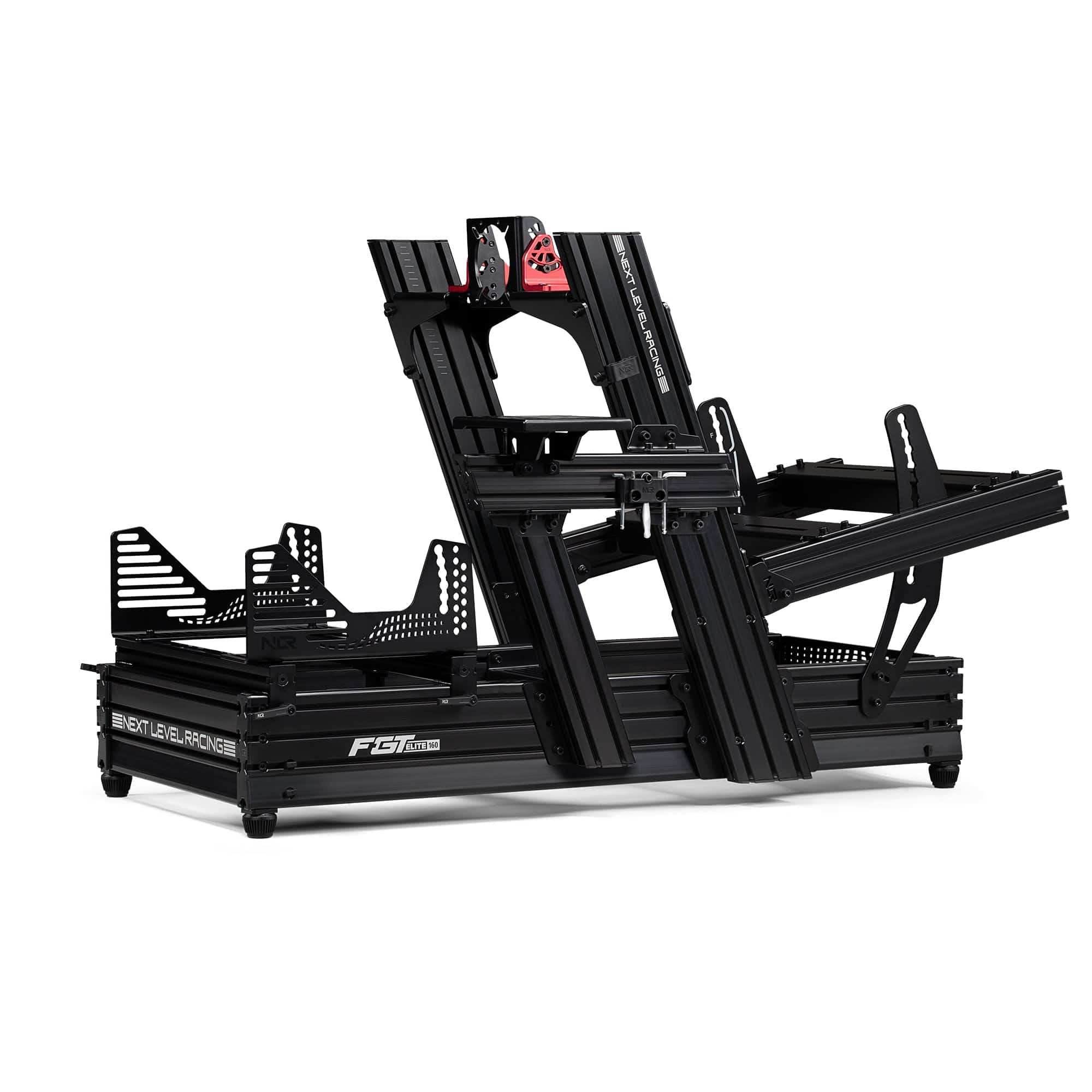Next Level Racing Elite 160 sim racing chassis with front and side mounts in black, showcasing the sturdy frame and mounting points.