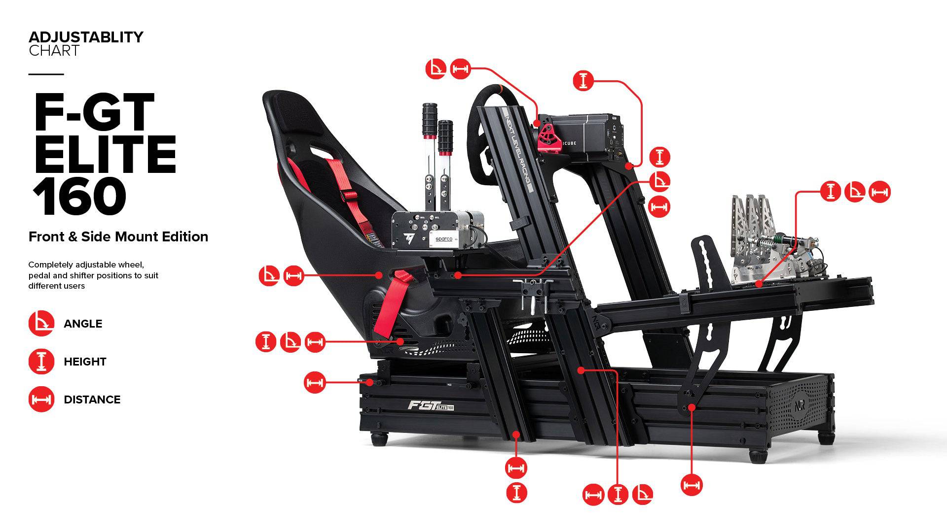 Next Level Racing Elite 160 sim racing chassis with front and side mounts in black, designed for realistic racing setup.
