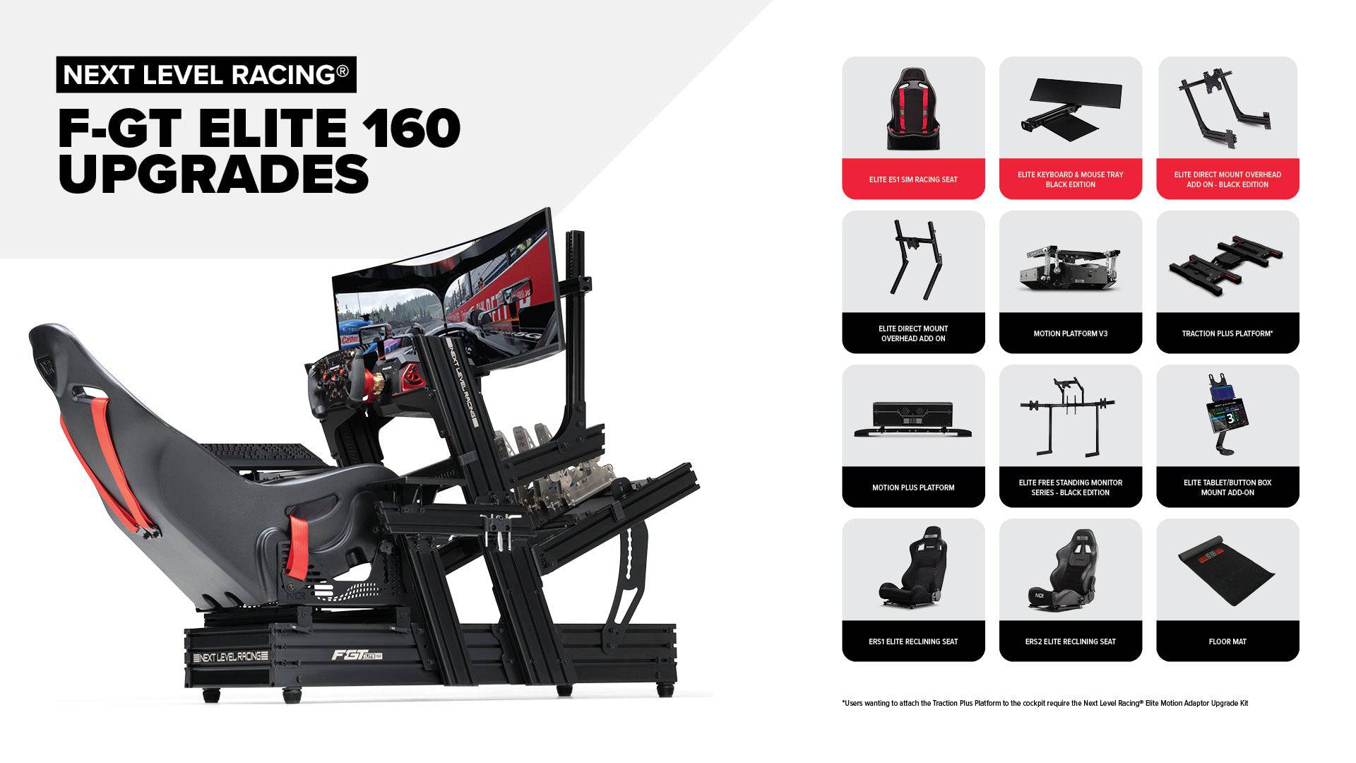 Next Level Racing Elite 160 sim racing chassis with front and side mounts in black, designed for immersive racing setups.
