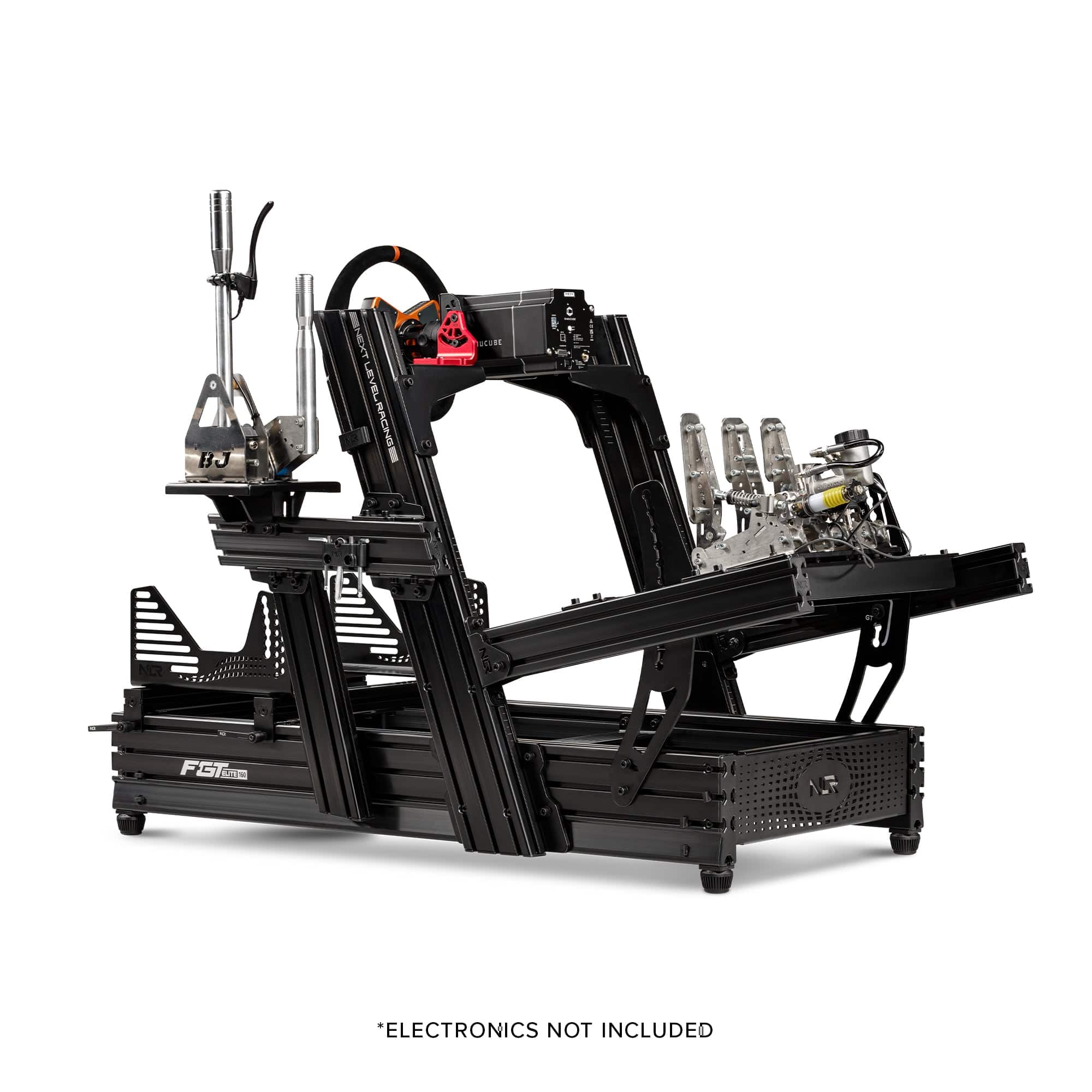 Next Level Racing Elite 160 sim racing chassis with front and side mount, black edition, sturdy black racing simulator frame.