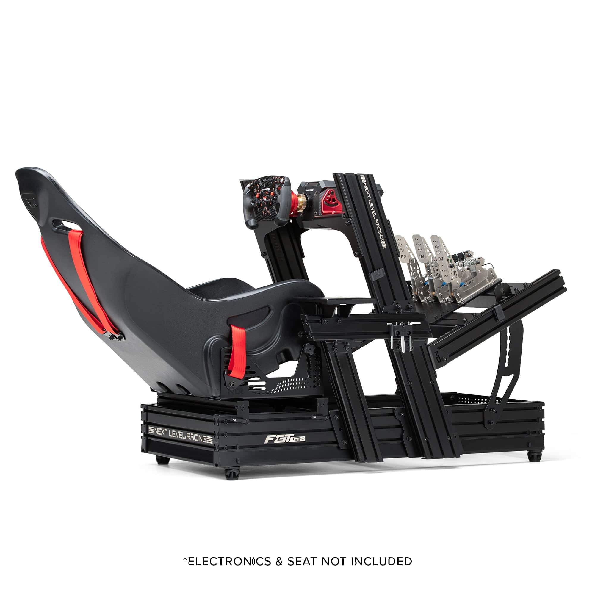 Next Level Racing Elite 160 sim racing chassis with front and side mount in black, designed for realistic racing simulation setups.