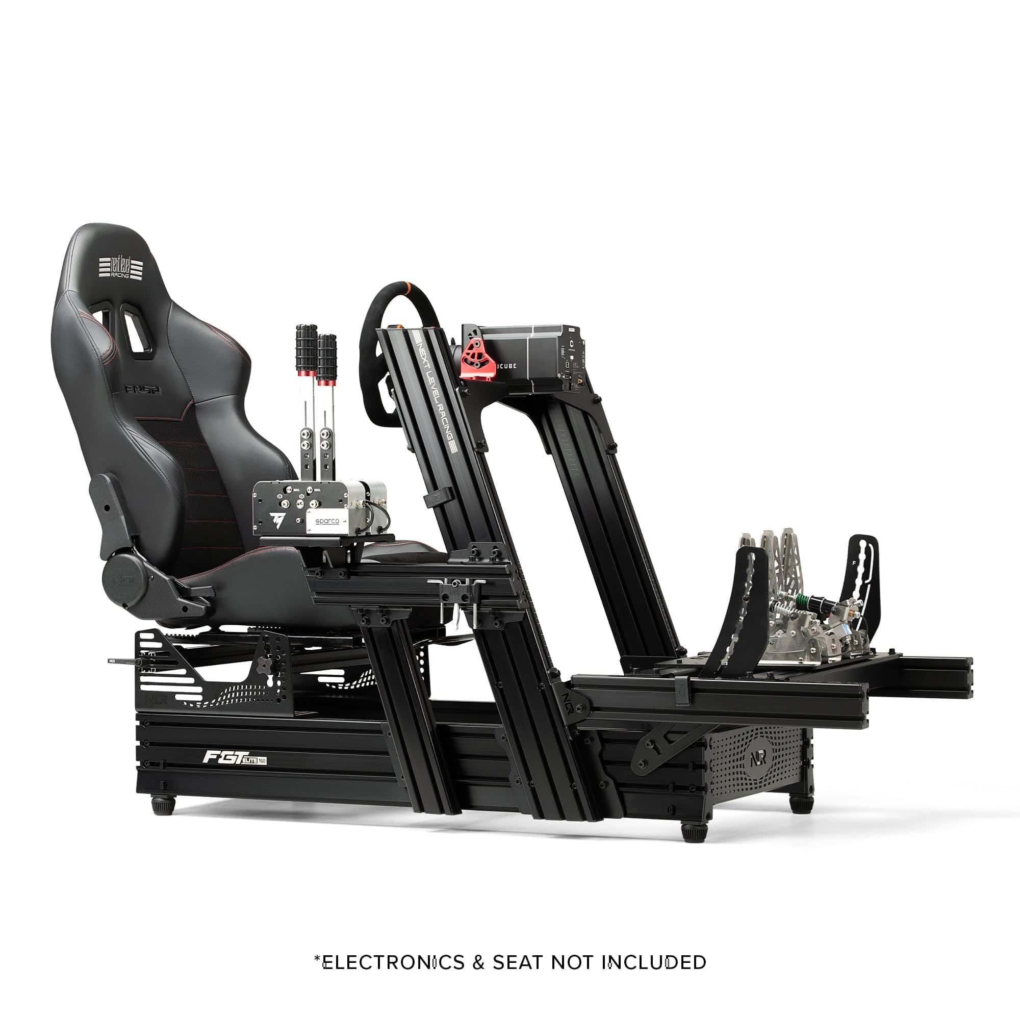 Next Level Racing Elite 160 sim racing chassis with front and side mounts in black, designed for realistic racing simulation setups.