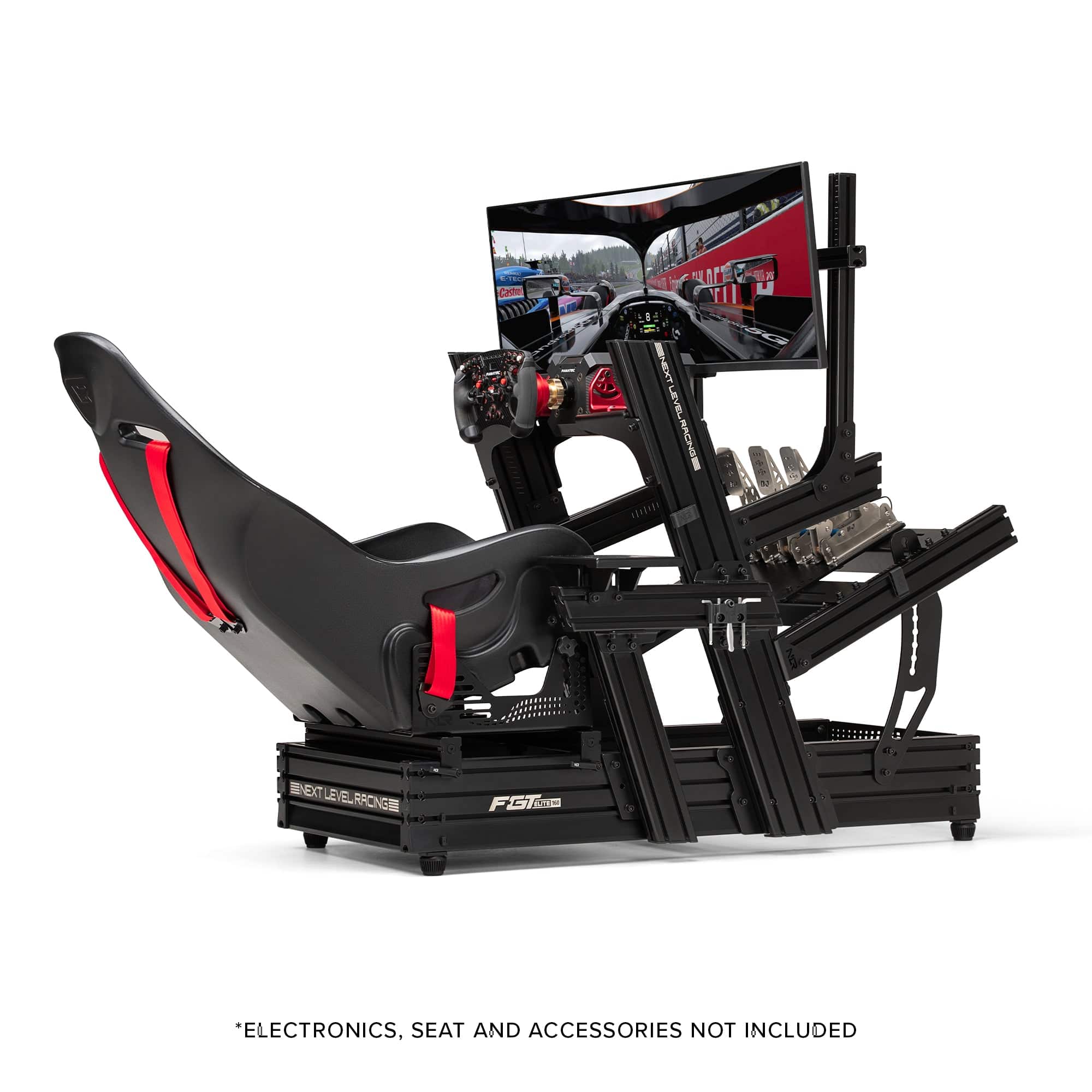 Next Level Racing Elite 160 sim racing chassis with front and side mounts in black, designed for realistic racing simulation setup.