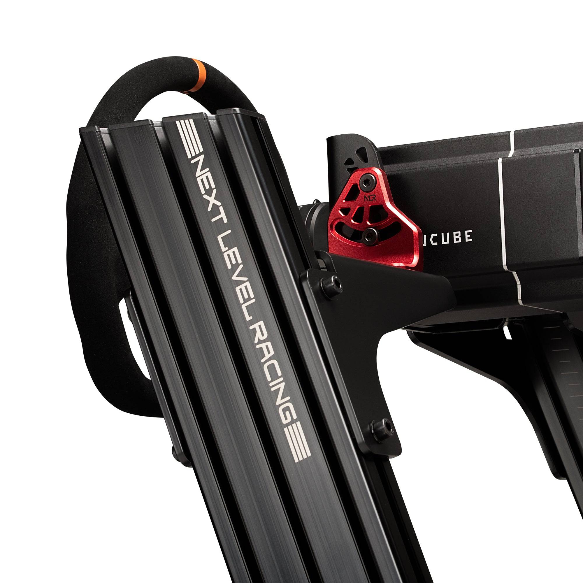 Next Level Racing Elite 160 sim racing chassis with front and side mounts in black, showcasing the sleek racing cockpit design.