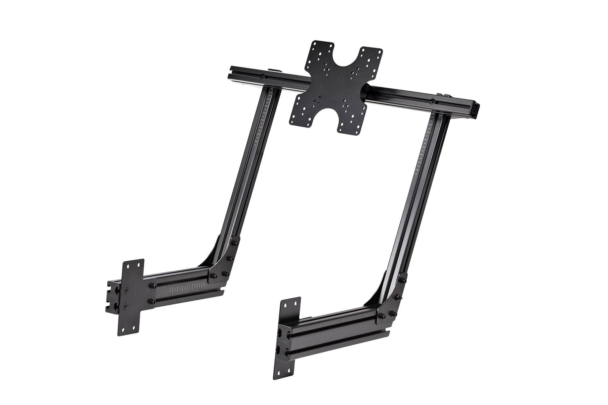 Next Level Racing Elite Direct Monitor Mount in carbon grey attached to a racing sim setup, holding a monitor for gaming or simulation.