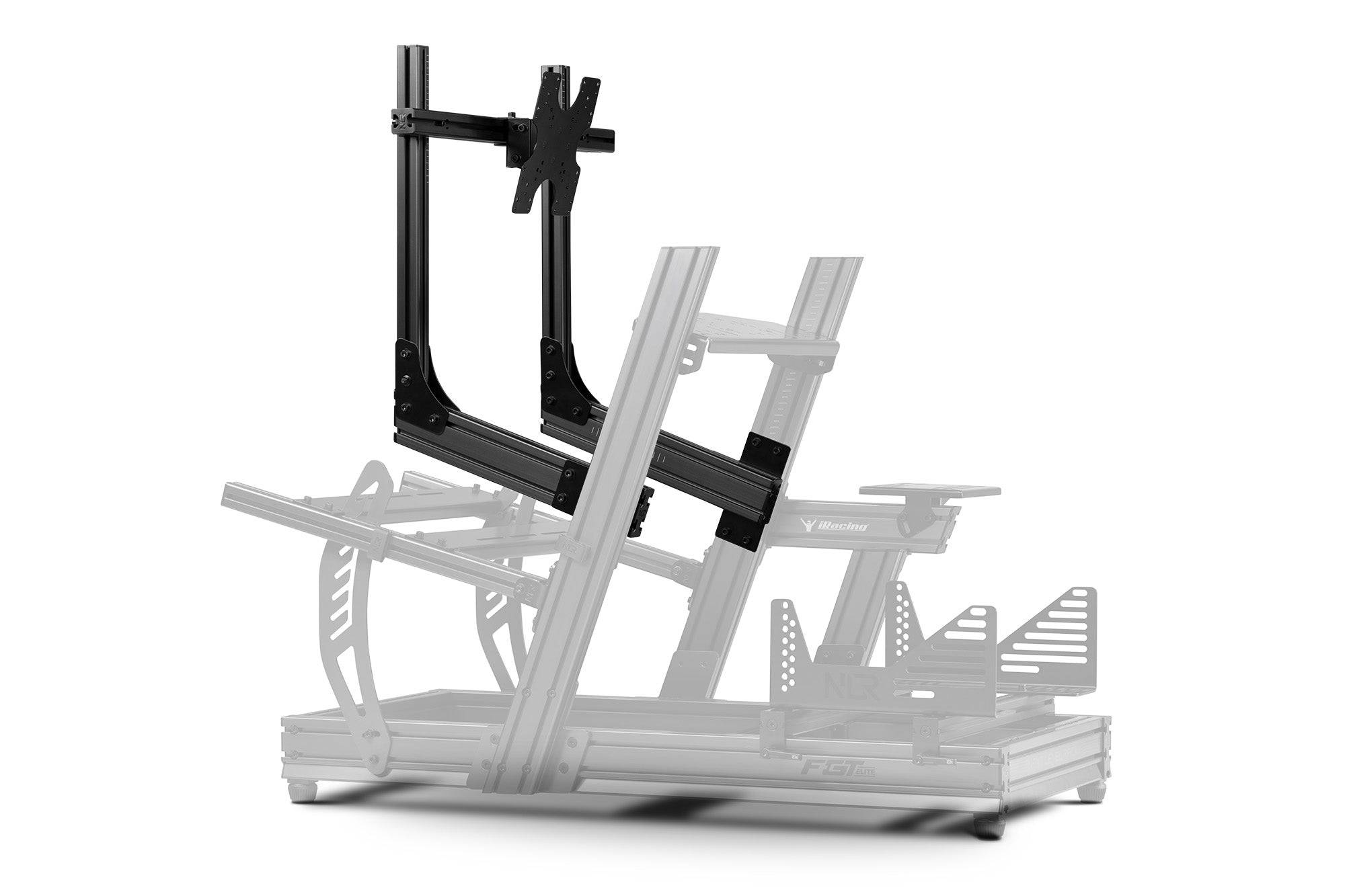 Next Level Racing Elite Direct Monitor Mount in carbon grey attached to a racing simulator setup, supporting multiple monitor screens.