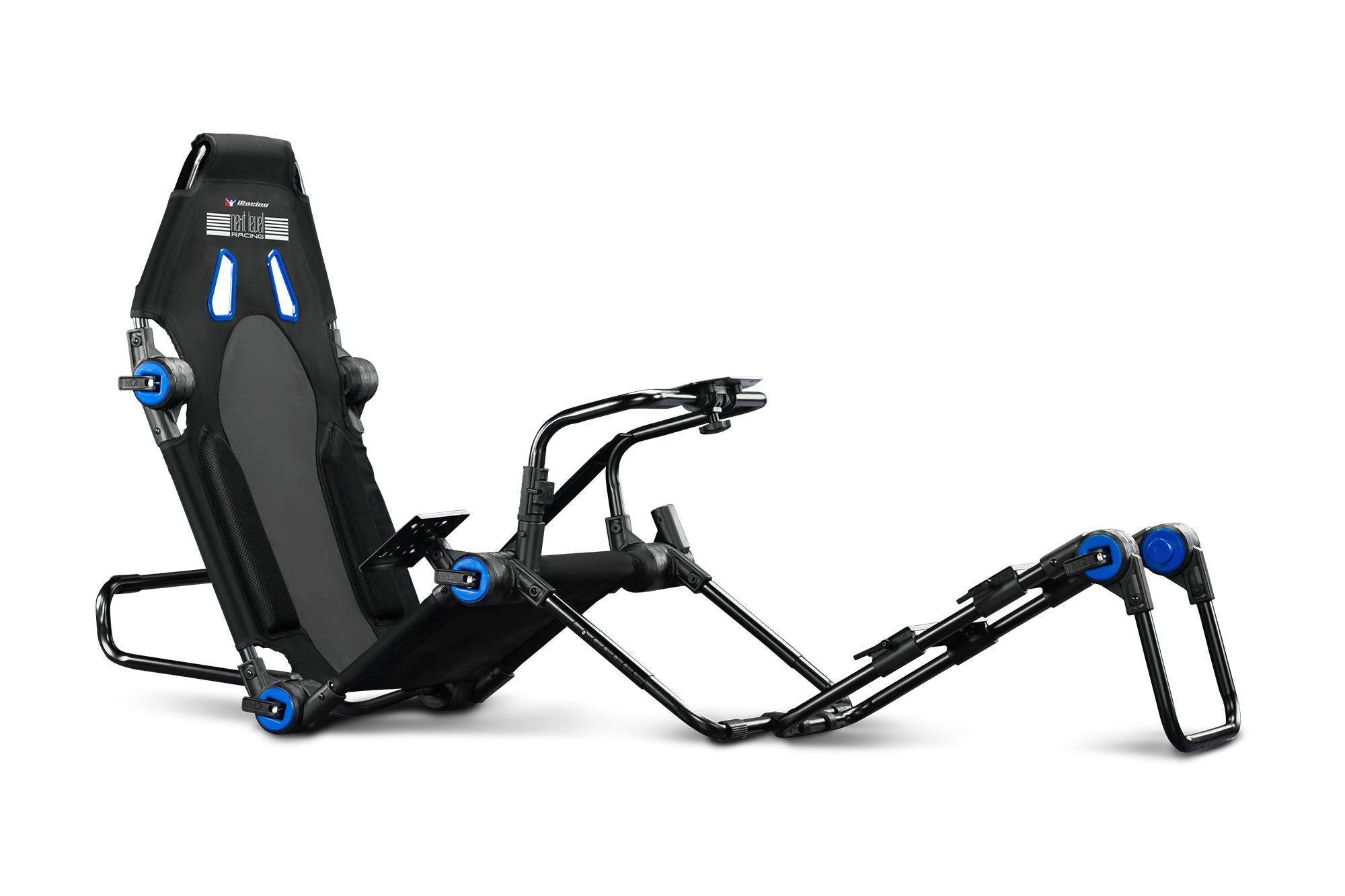 Next Level Racing F-GT Lite foldable sim racing cockpit for Formula and GT, designed for iRacing, with adjustable frame and racing seat.
