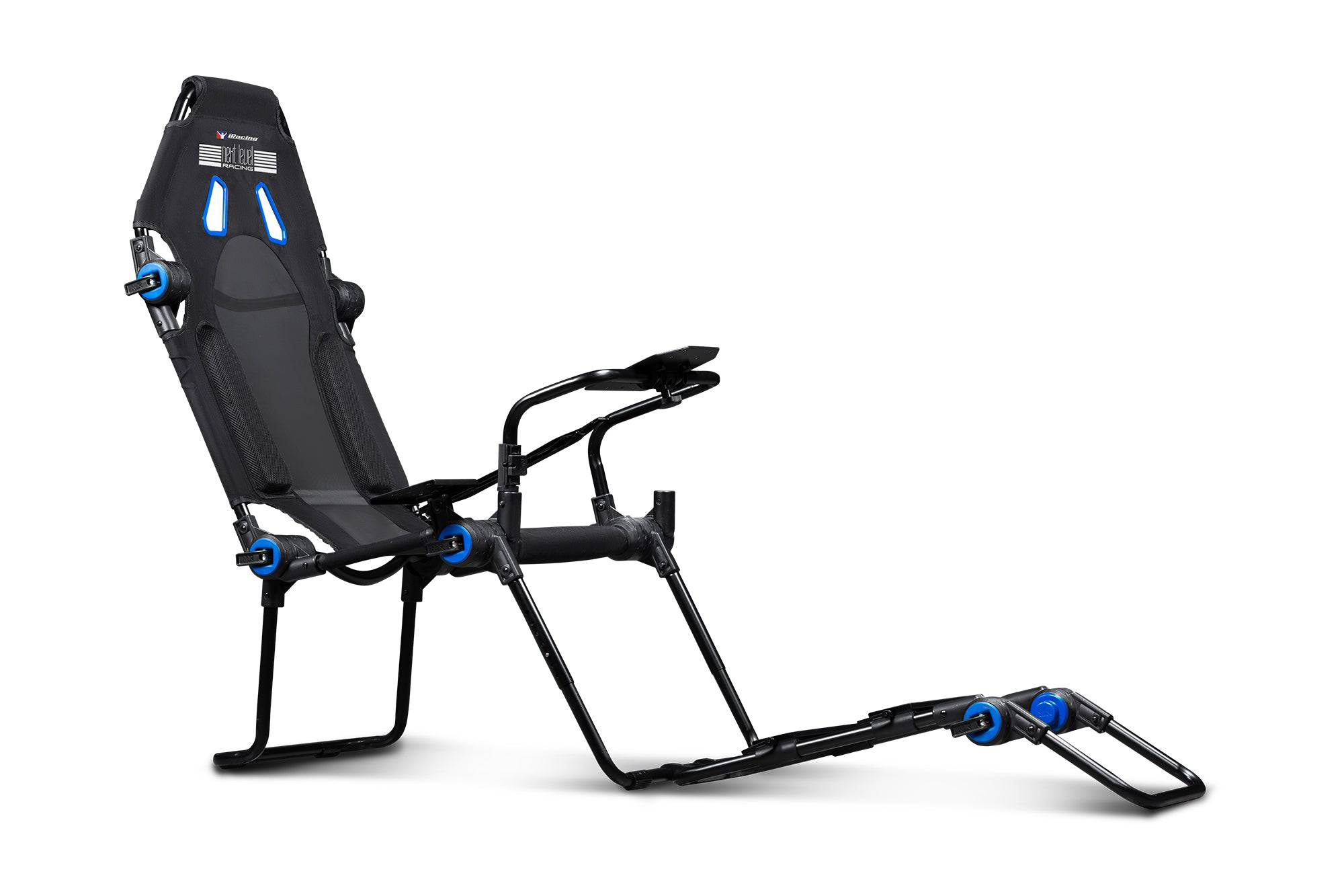 Next Level Racing F-GT Lite sim racing chassis in black, foldable design with steering wheel and pedal mounts for iRacing setup.