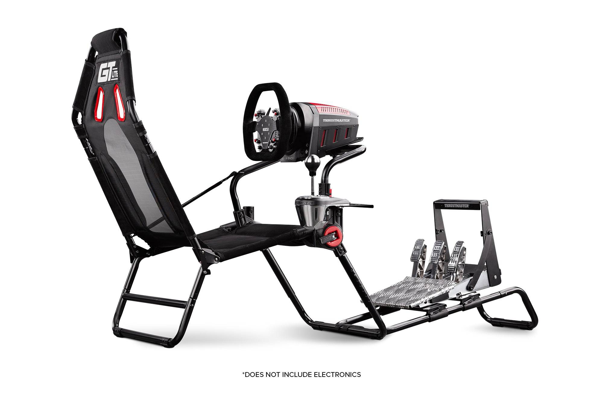 Next Level Racing GTLite foldable sim racing chassis in gray with a sturdy frame and adjustable components for immersive racing experience.