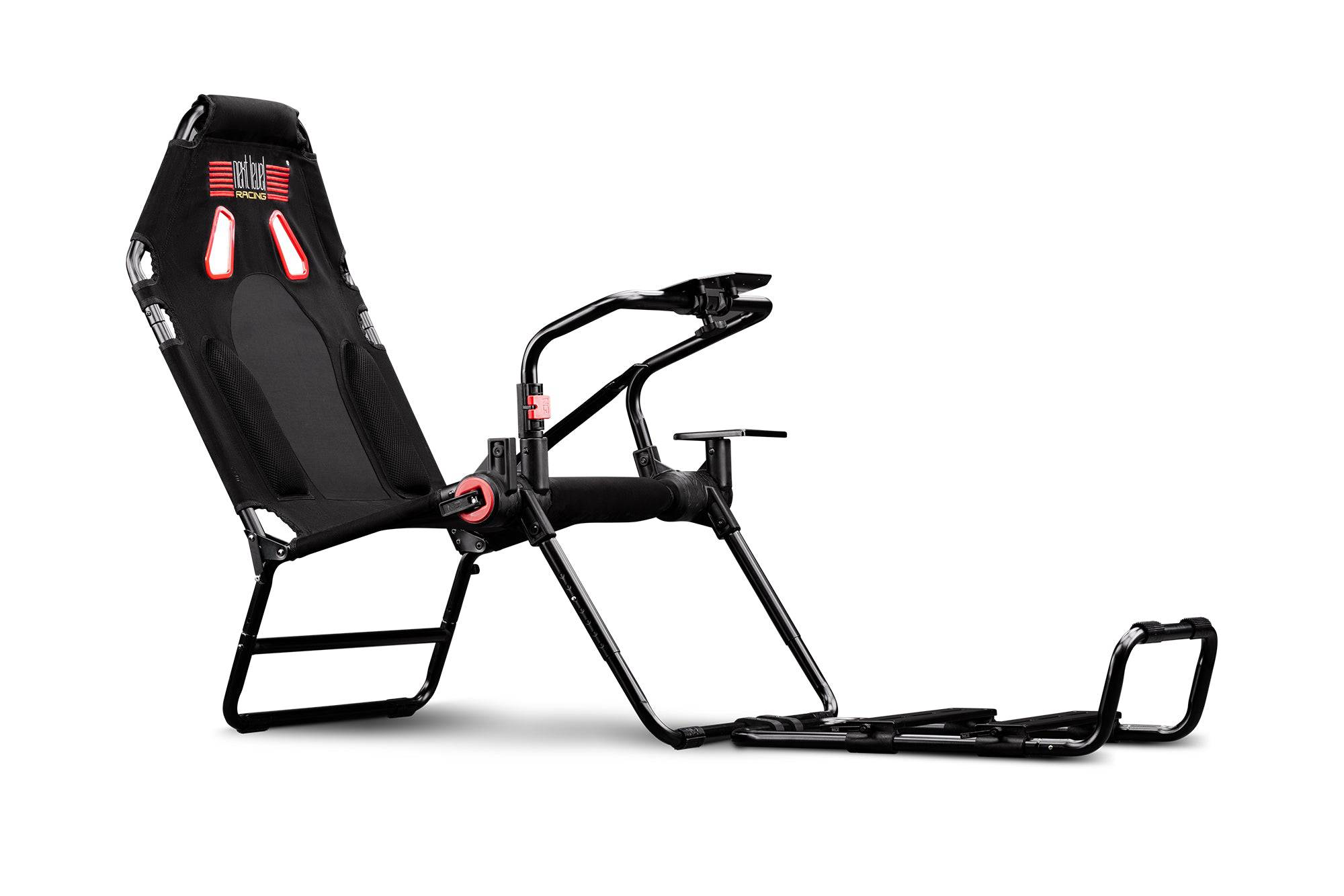 Next Level Racing GTLite foldable sim racing chassis in gray with adjustable components and sturdy frame for immersive racing.