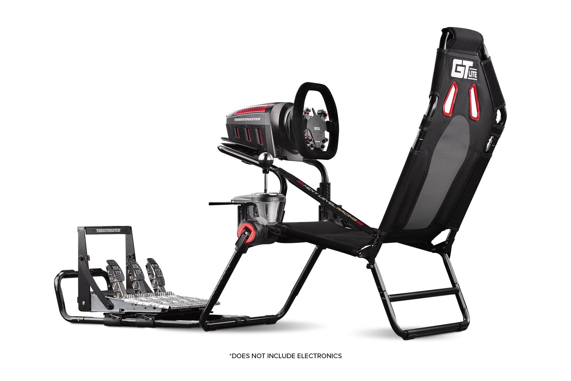 Gray Next Level Racing GTLite foldable sim racing chassis with adjustable cockpit and sturdy frame for immersive racing experiences.