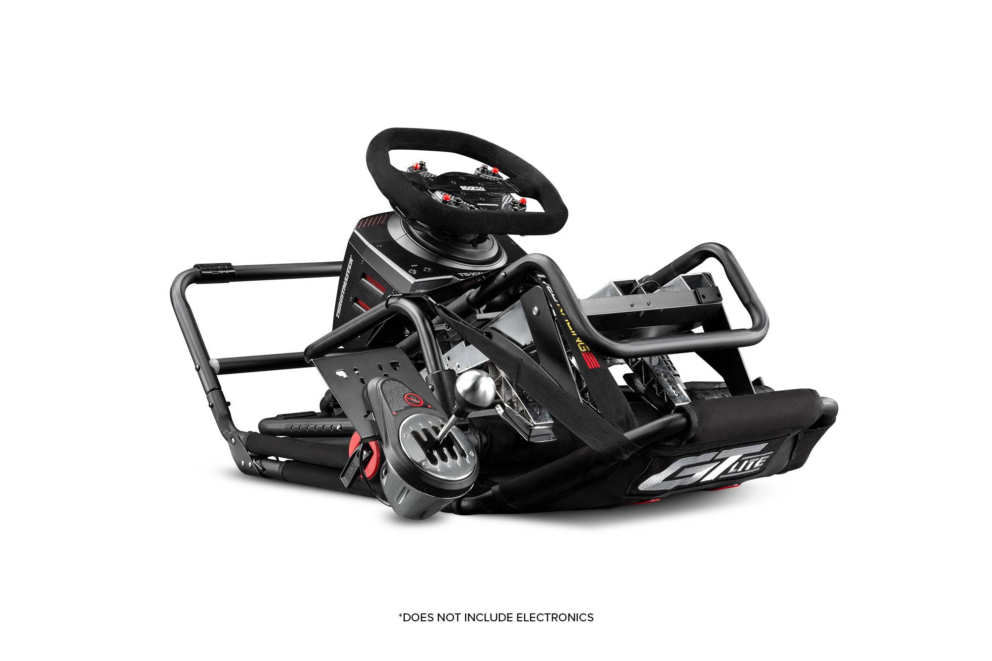 Next Level Racing GTLite foldable sim racing chassis in gray with adjustable components and sturdy build for immersive racing experience.