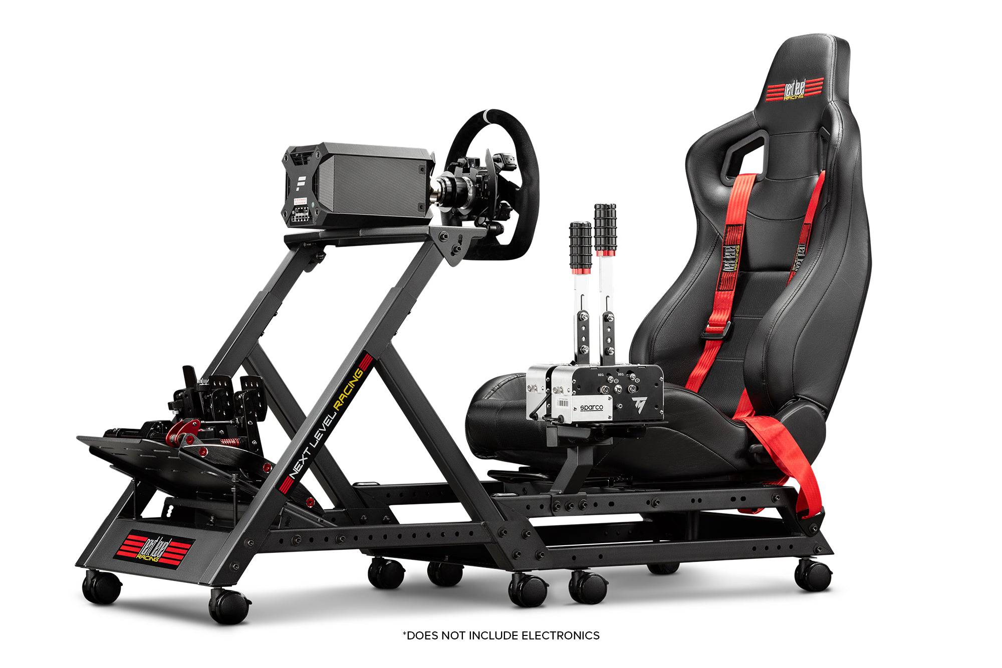 Next Level Racing GTtrack racing simulator cockpit with adjustable chassis and racing seat for immersive sim racing experience.