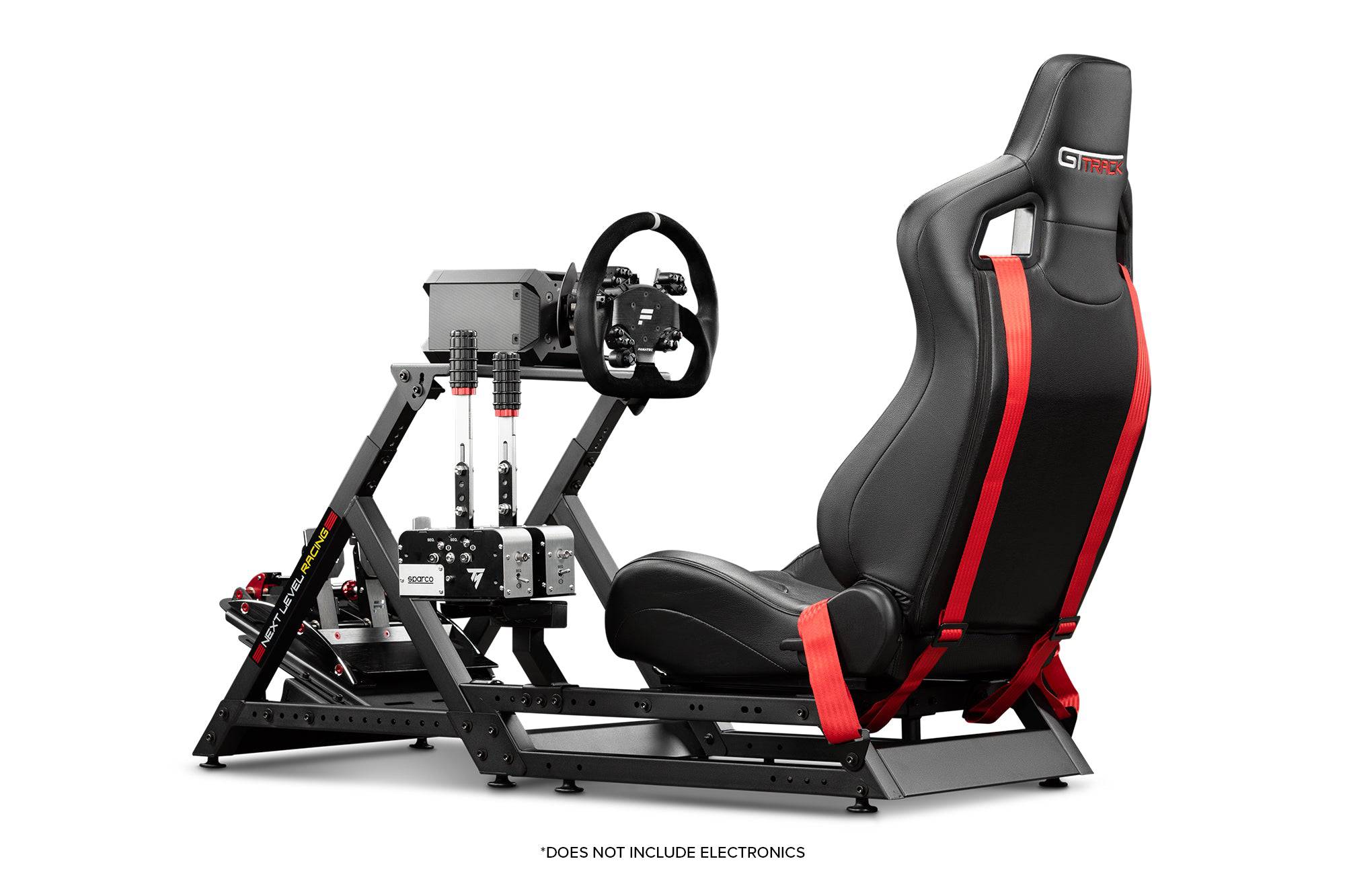 Next Level Racing GTtrack racing simulator cockpit with black chassis, adjustable racing seat and steering wheel mounts for immersive sim racing.