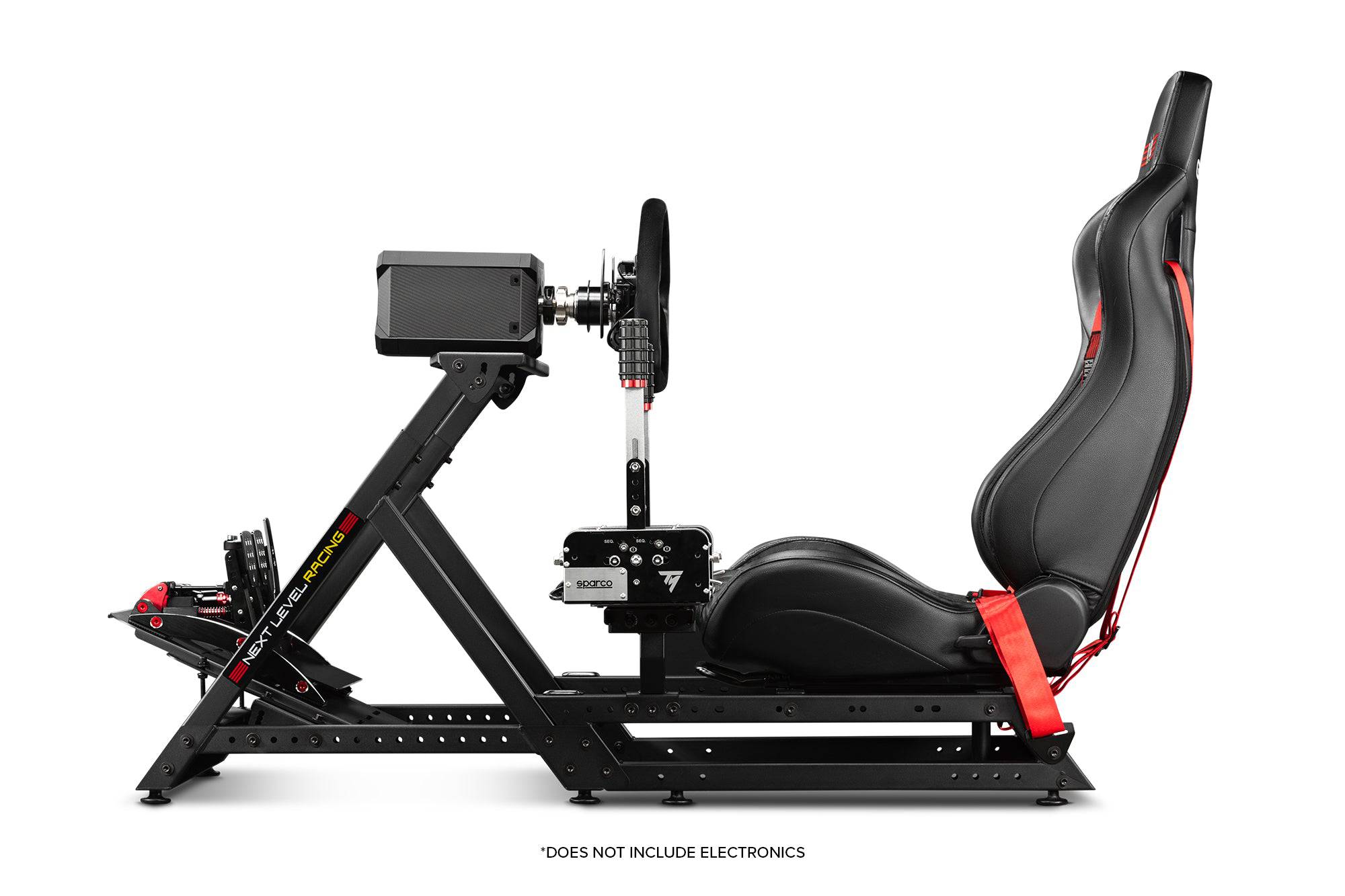 Next Level Racing GTtrack racing simulator cockpit with black chassis, adjustable seat, and steering wheel mount for immersive sim racing.