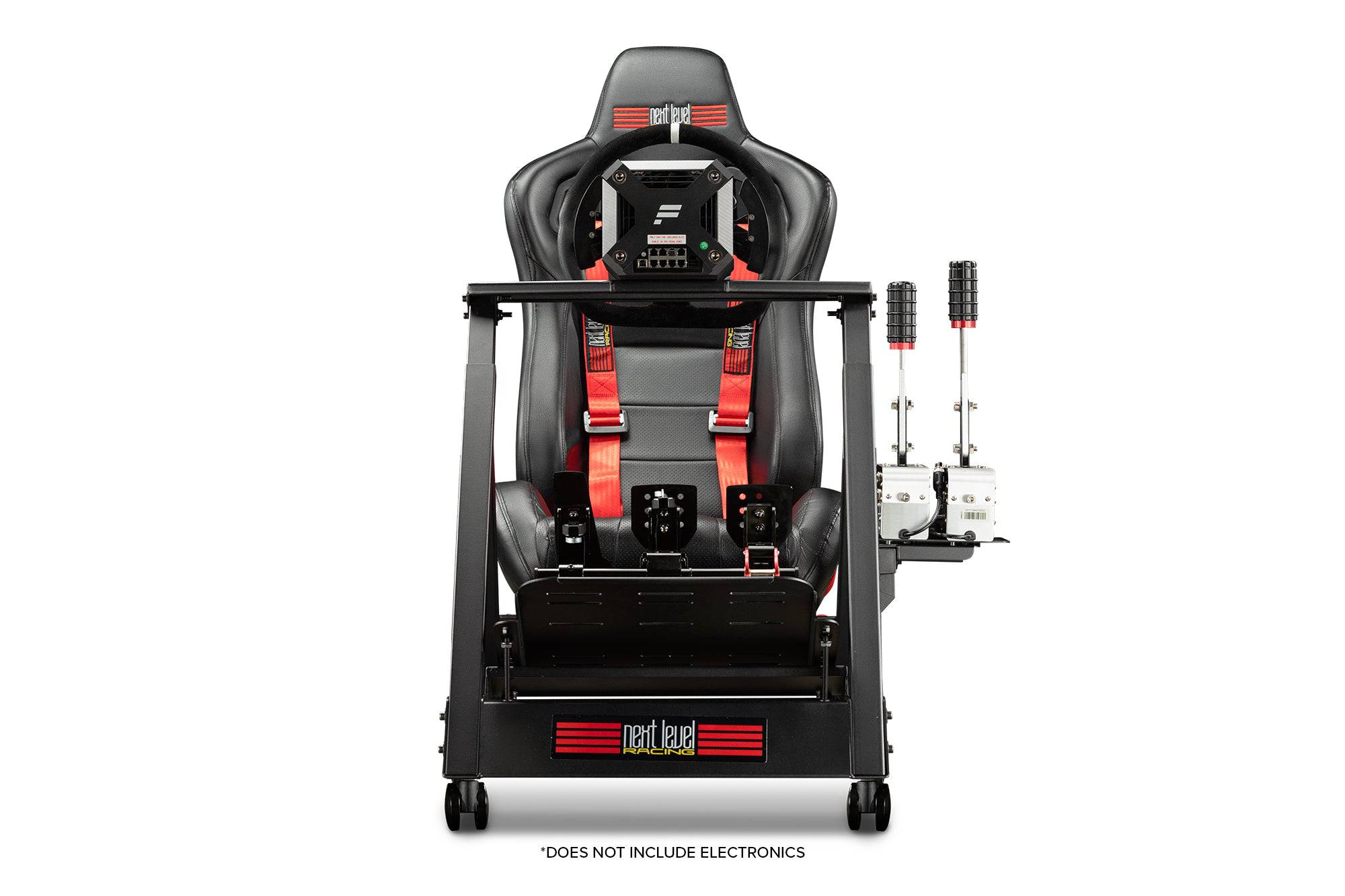 Next Level Racing GTtrack Racing Simulator Cockpit with sturdy chassis and adjustable components for realistic sim racing setup.