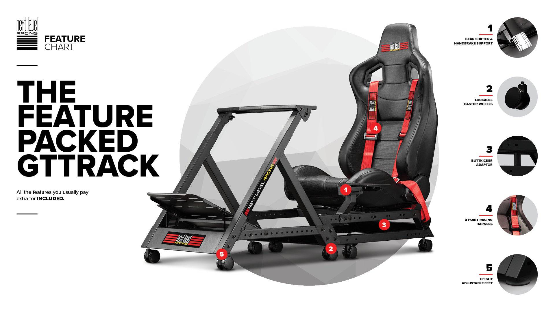 Next Level Racing GTtrack sim racing chassis with adjustable seat, steering wheel mount, and pedal pedals for immersive racing experience