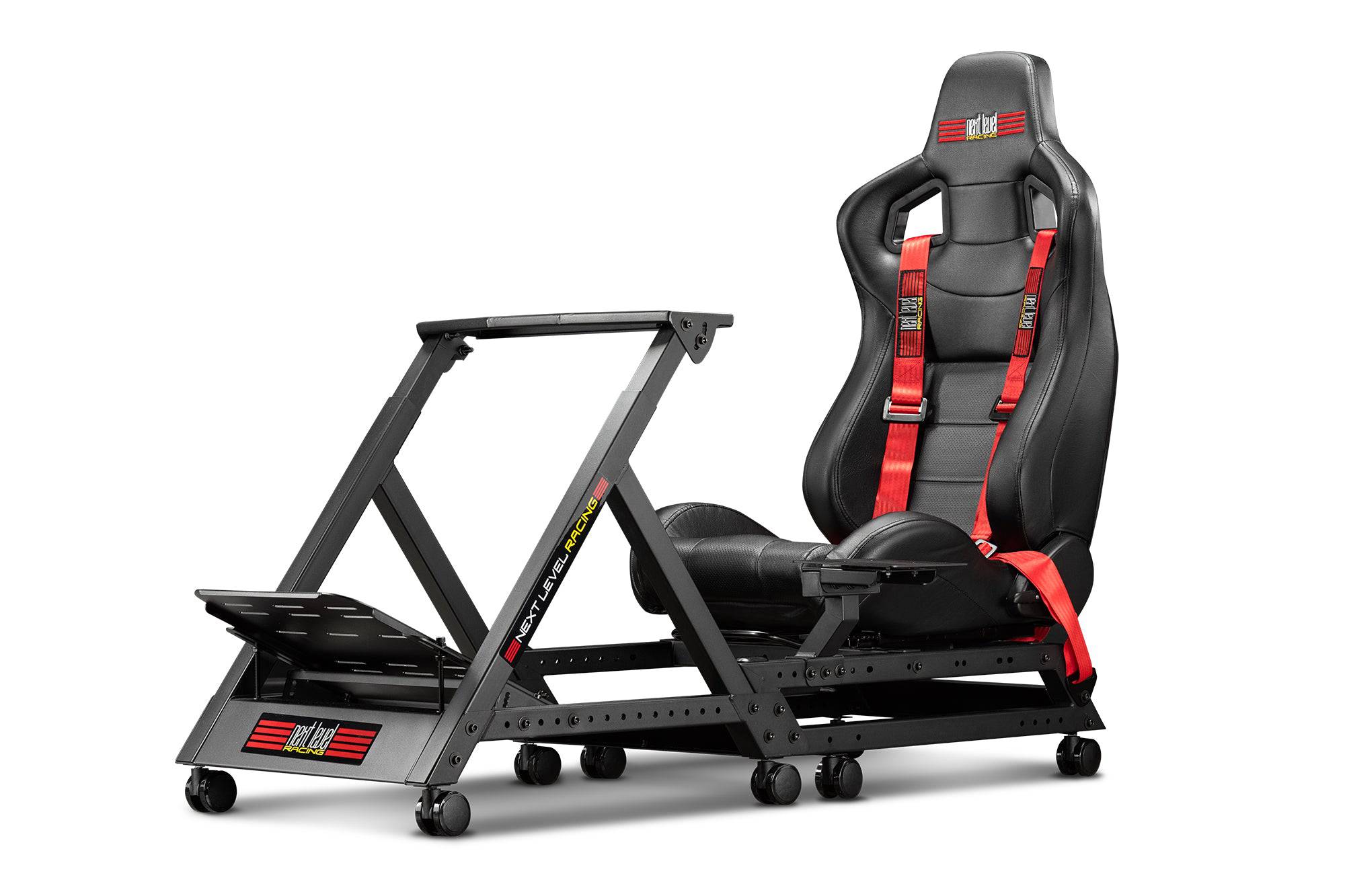 Next Level Racing GTtrack racing simulator cockpit with adjustable steering wheel and pedal mounts, black sturdy chassis for sim racing.