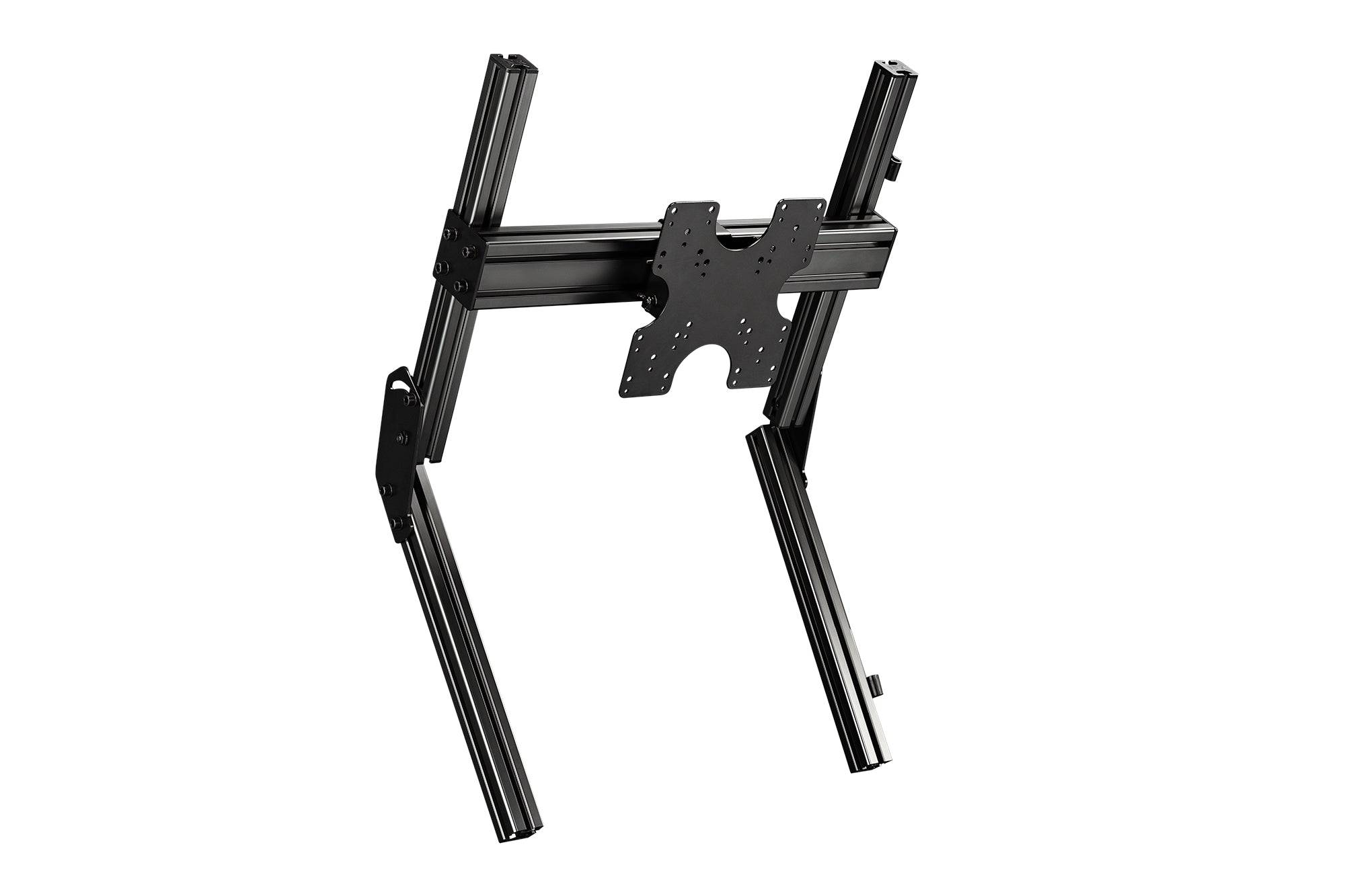 Next Level Racing Elite-Freestanding Quad Monitor Stand in carbon grey for multiple monitor setups, supporting overhead or overhead mounting.