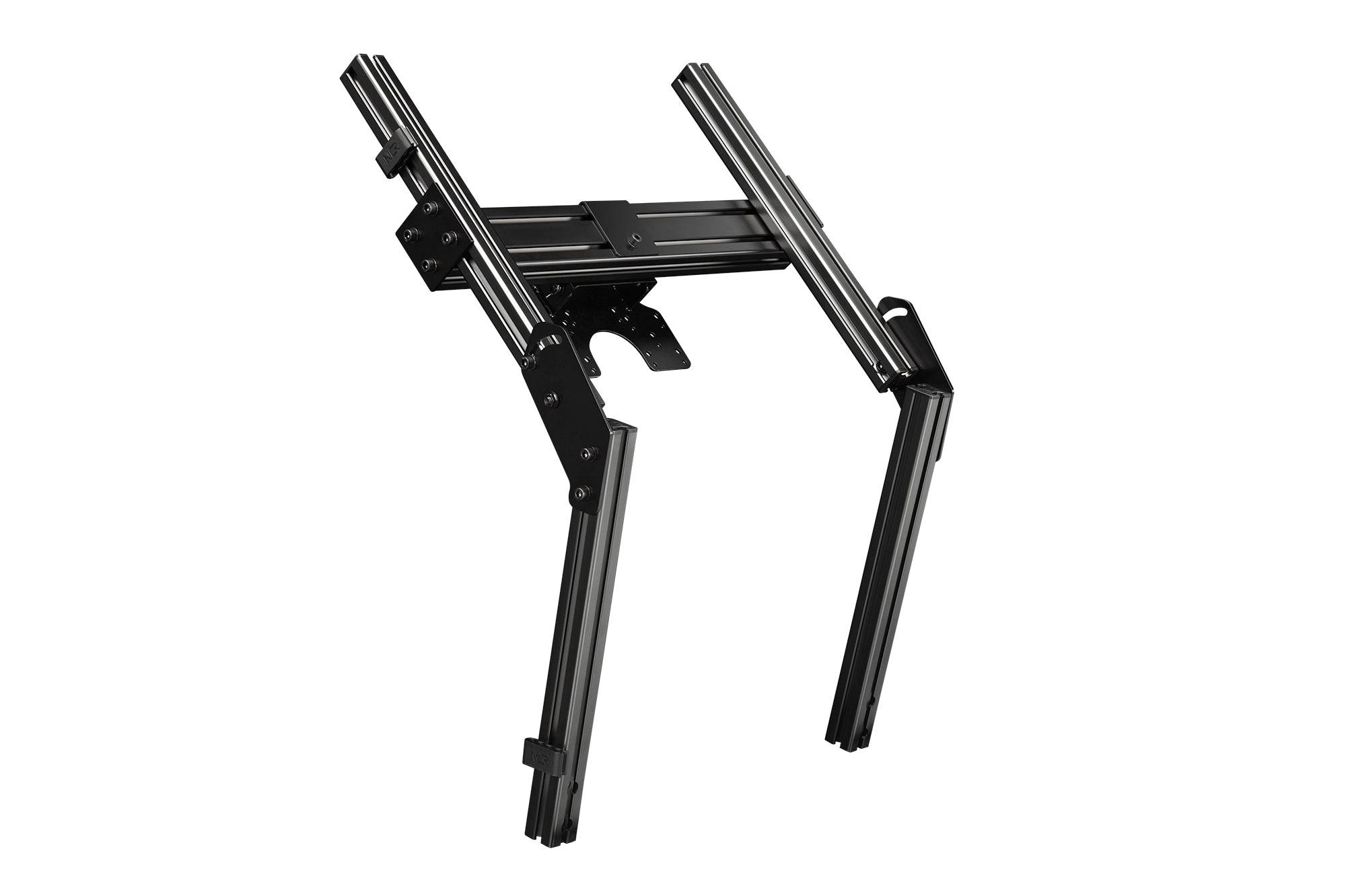 Next Level Racing Elite-Freestanding quad monitor stand in carbon grey with four adjustable mounts for racing or gaming monitors.