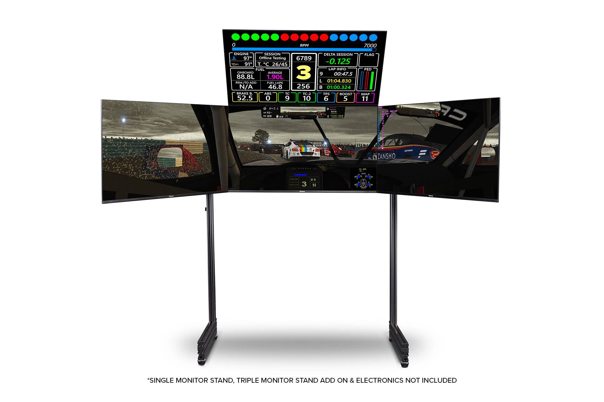 Next Level Racing Elite-Freestanding Quad Monitor Stand in carbon grey with four monitor mounts for gaming or simulation setups.