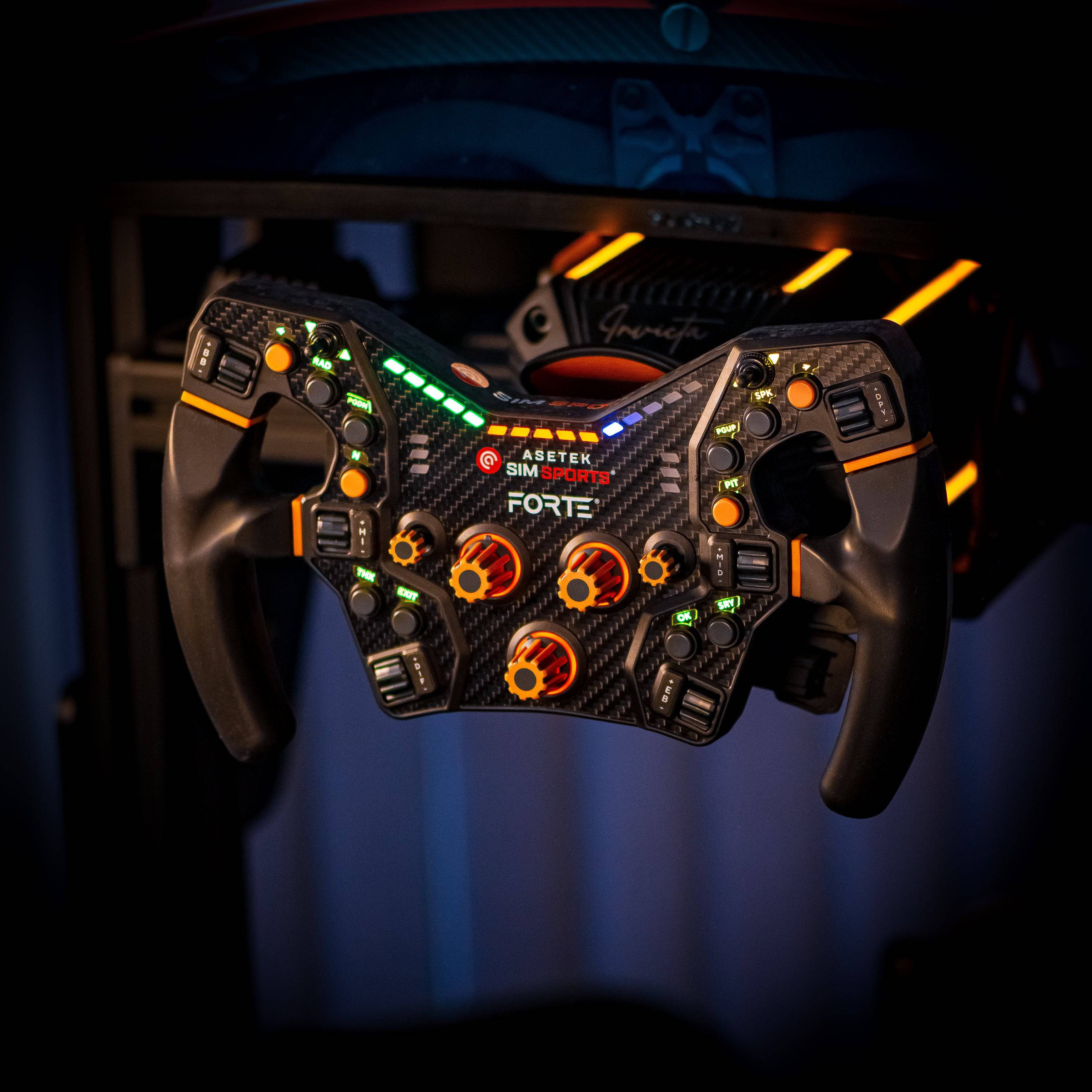 Asetek SimSports Forte wheel rim with orange buttons, encoders, and 7-way switch for realistic racing simulation accessories.