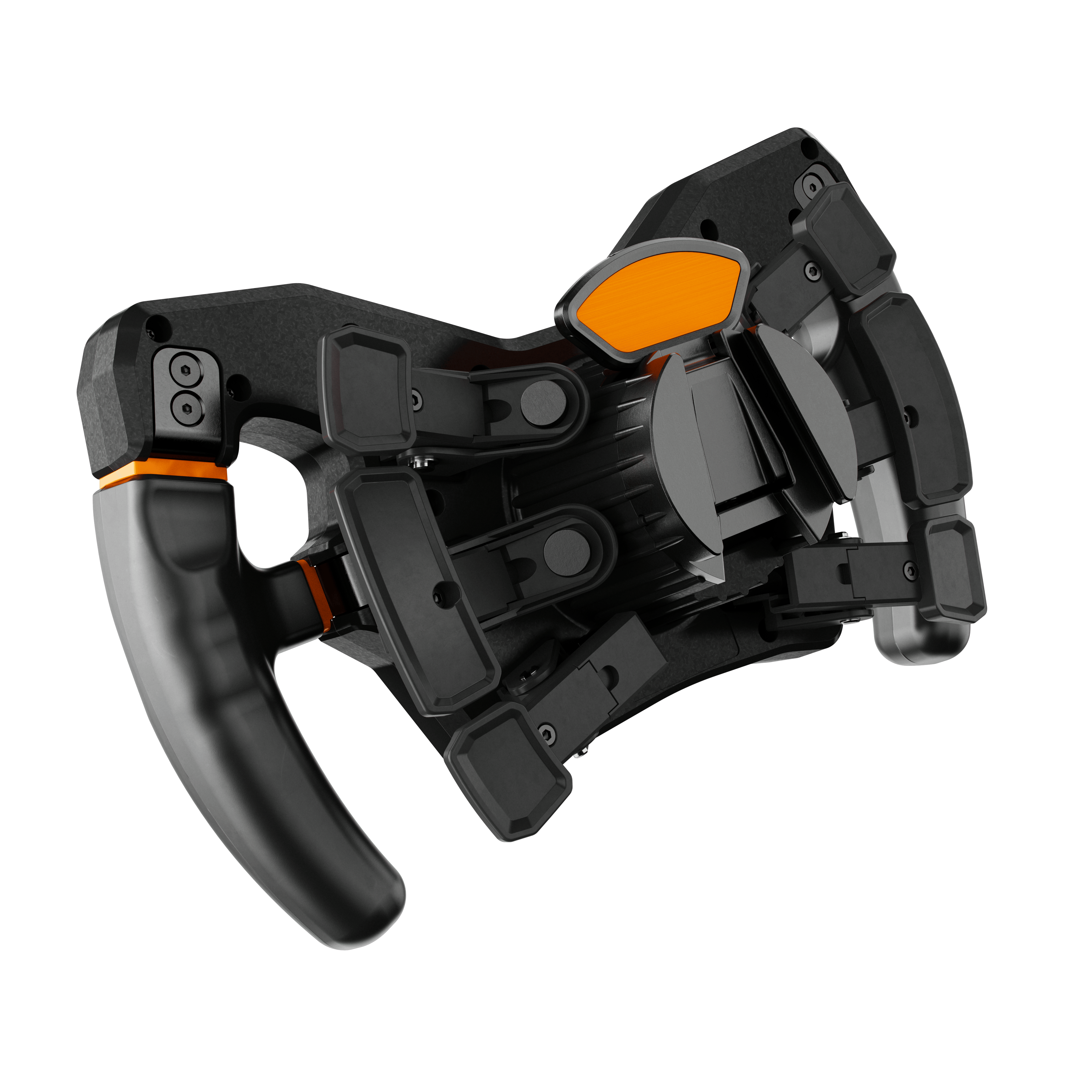 Asetek SimSports magnetic input wheel rim paddles attached to a racing wheel for enhanced gaming control and realism.