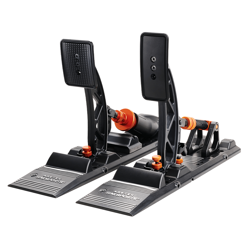Asetek SimSports Forte S Series brake and throttle pedals, front-left view, white background, showing realistic pedal design for sim racing.