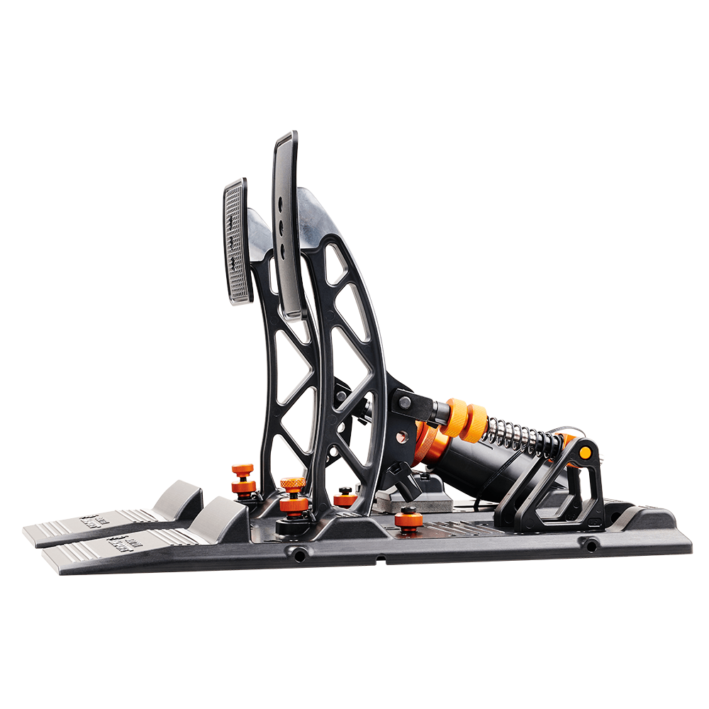 Asetek SimSports Forte S Series brake and throttle pedals set, front-left view with white background and detailed pedal design