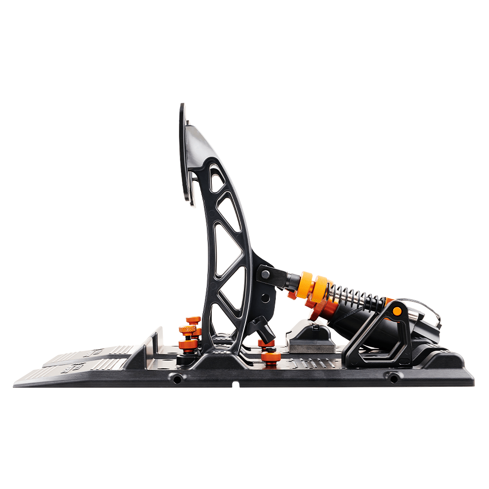 Asetek SimSports Forte S Series brake and throttle pedals, white with black accents, designed for racing simulation setups.