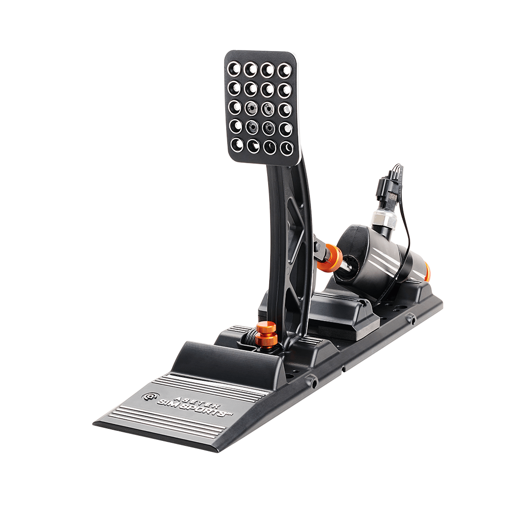 Asetek SimSports Invicta S Series brake and throttle pedals with white accents, shown from front-left angle.