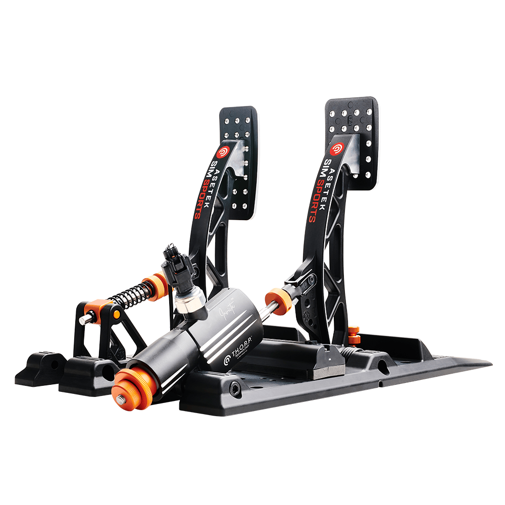 Asetek SimSports Invicta S Series brake and throttle pedals set with white finish, back and right view showing pedal surfaces.