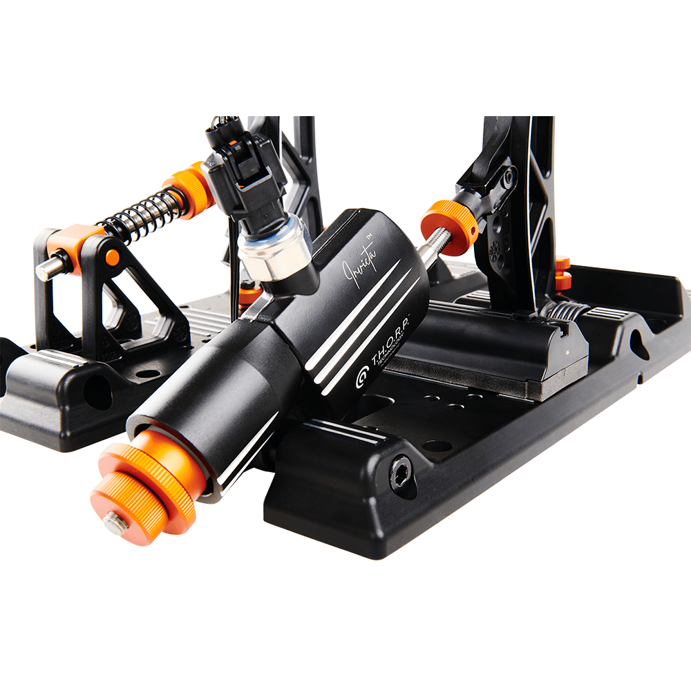 Close-up of Asetek SimSports Invicta S Series brake and throttle pedals with white background, showcasing detailed pedal design.