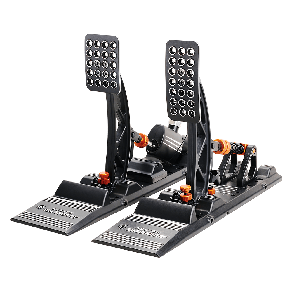 Asetek SimSports Invicta S Series brake and throttle pedals, front view with white background, showing detailed pedal design.