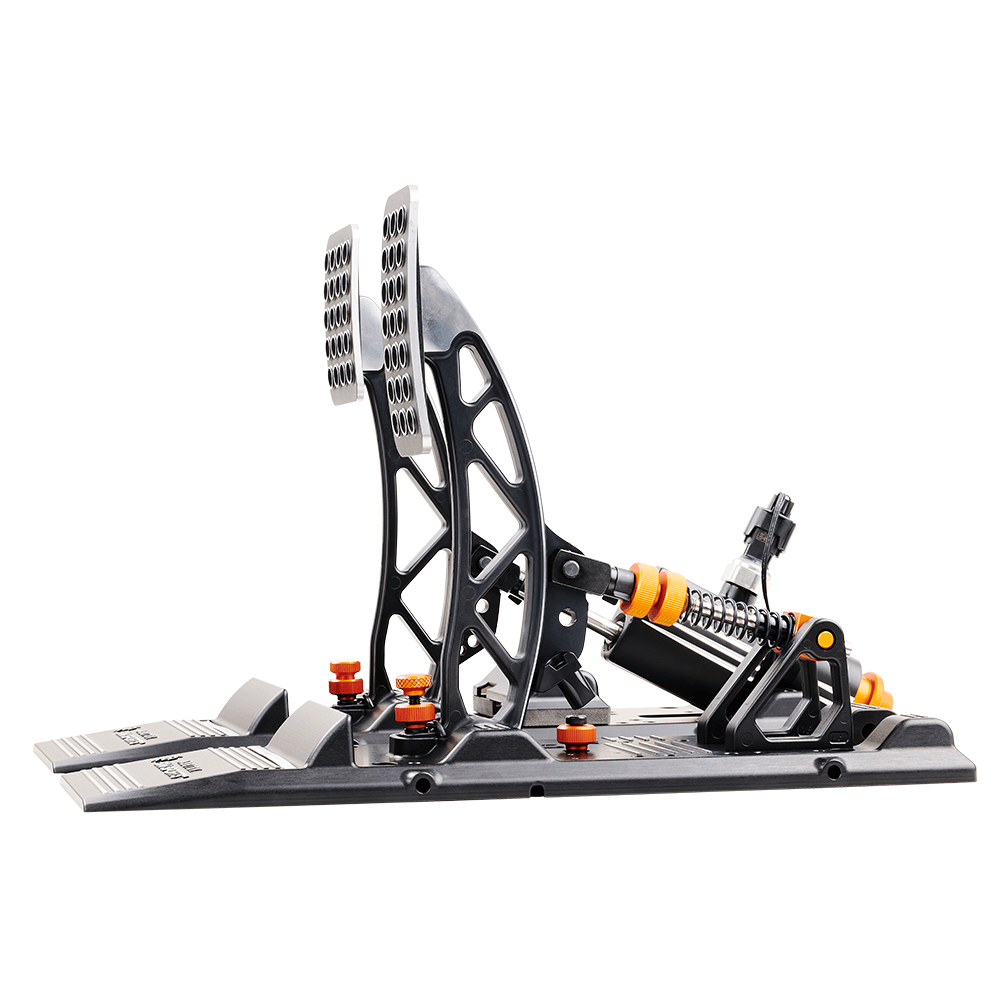 Asetek SimSports Invicta S Series brake and throttle pedals with white finish, shown from front left angle, detailed for sim racing setup.