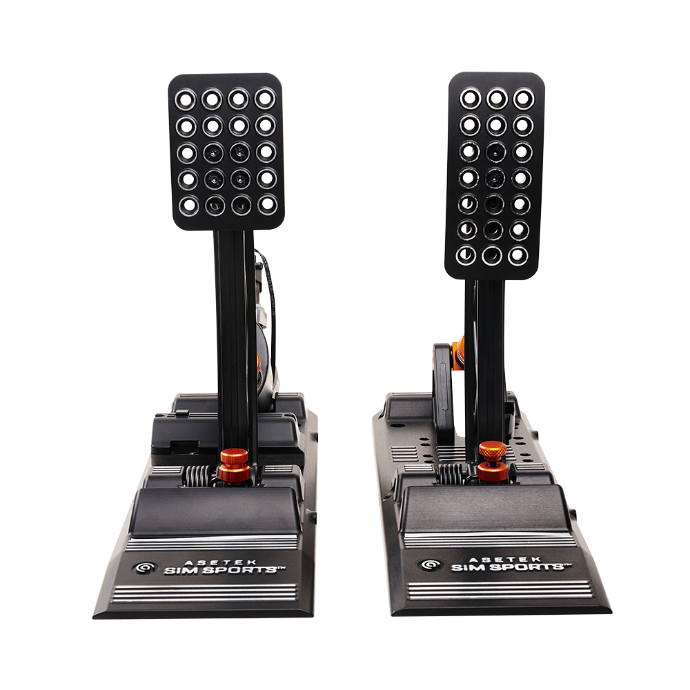 Asetek SimSports Invicta S Series brake and throttle pedals with white finish, shown from the front on a dark background.