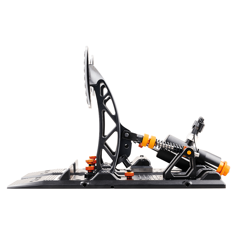 Asetek SimSports Invicta S Series brake and throttle pedals with white finish, mounted on a black base for racing simulation setups.