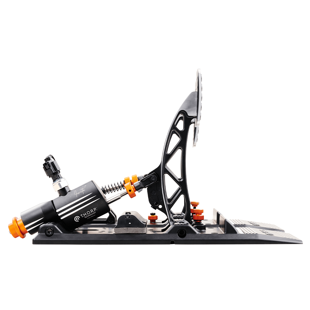 Asetek SimSports Invicta S Series brake and throttle pedals set with white accents on a black background.