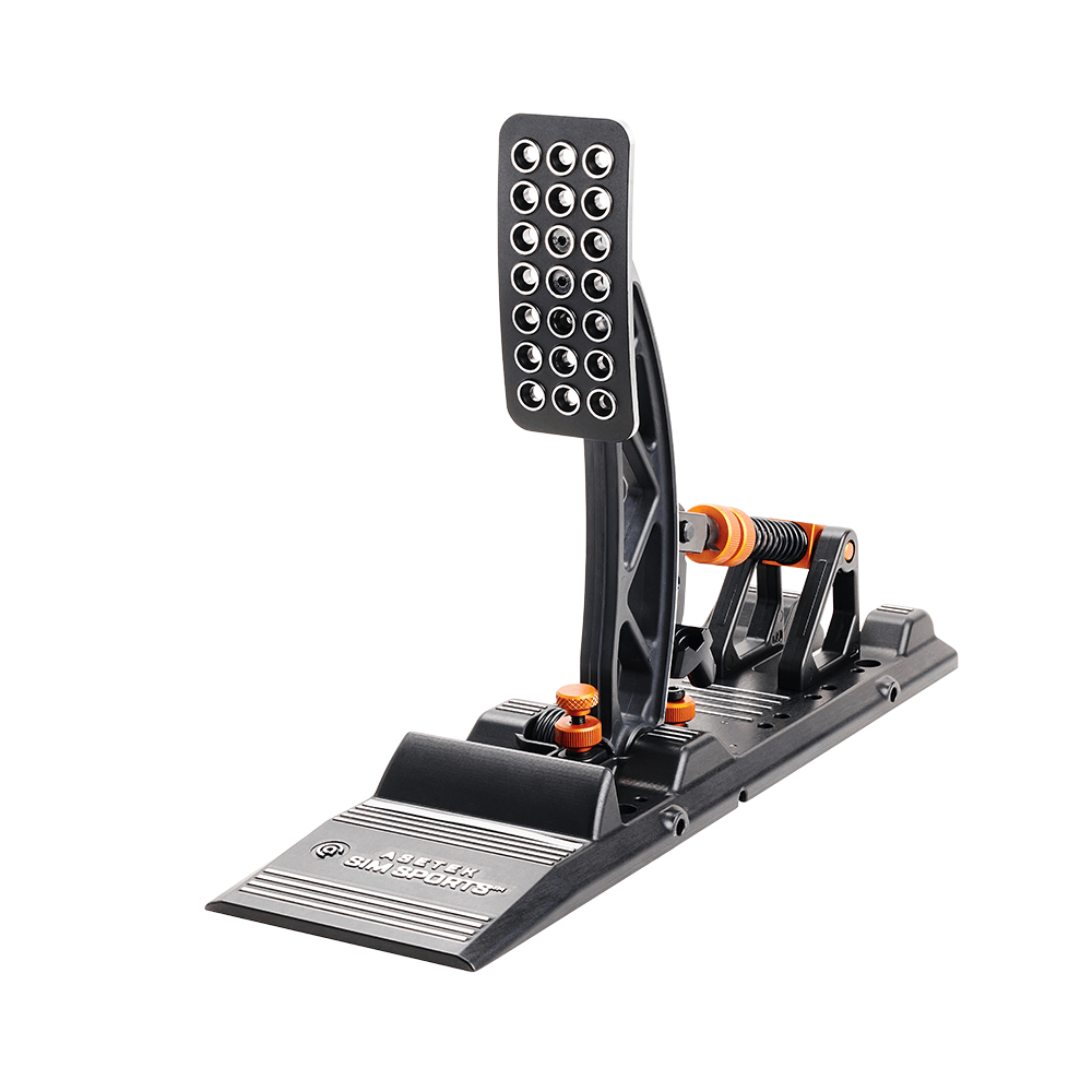 Asetek SimSports Invicta S Series brake and throttle pedals, front view showing white pedals with detailed textures and branding.